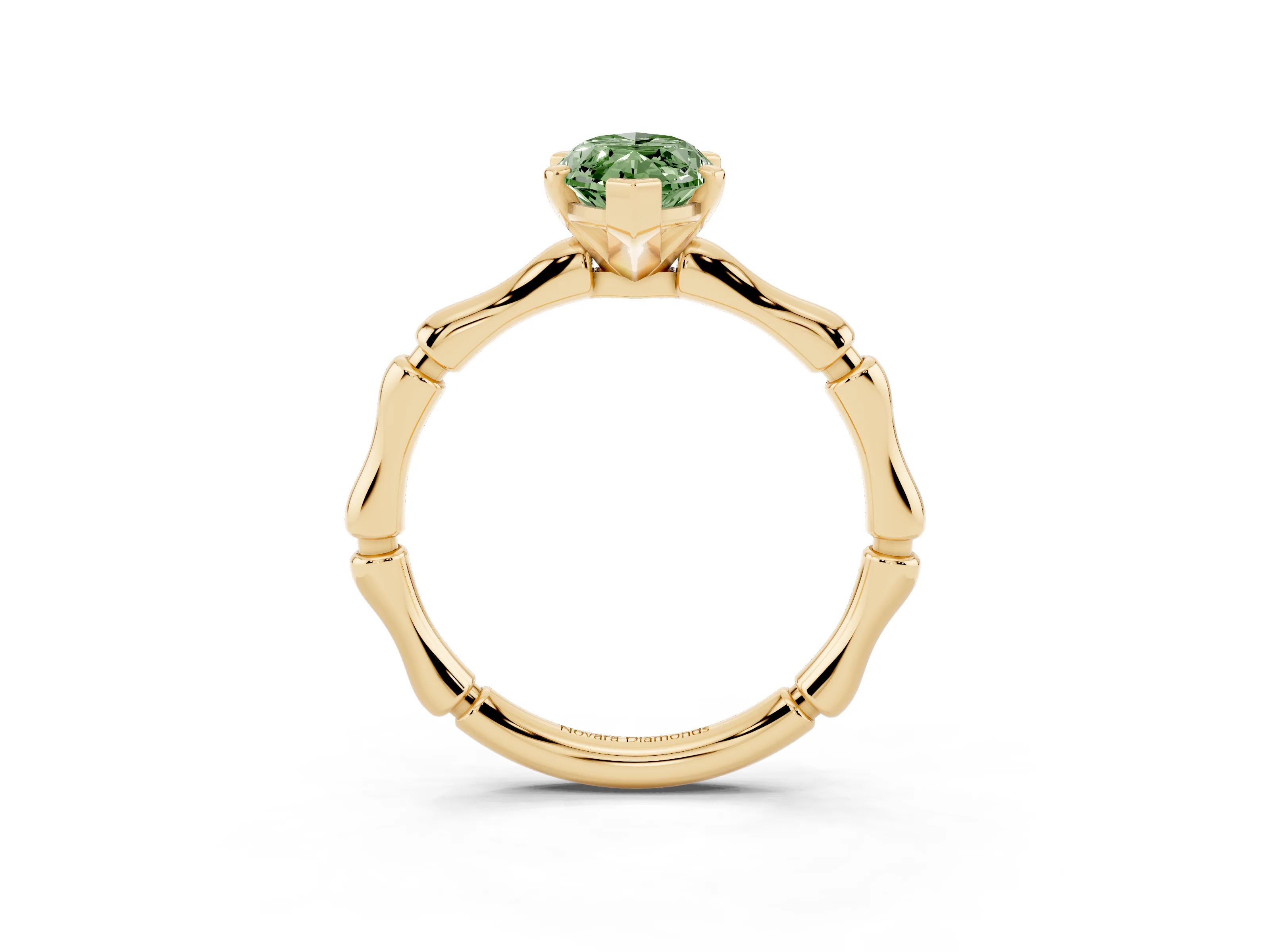 Fancy Green Marquise Cut Diamond Solitaire Ring Set in Yellow gold with Bamboo Band and Prong Setting