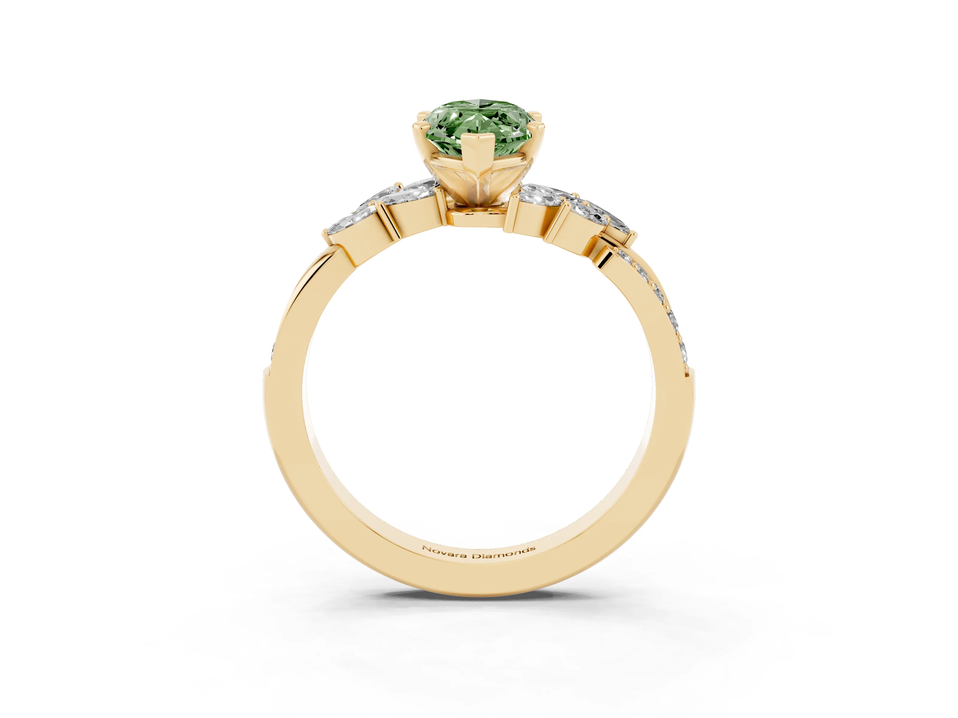Fancy Green Marquise Cut Diamond Solitaire Ring Set in Yellow gold with Marquise Twist Band and Prong Setting