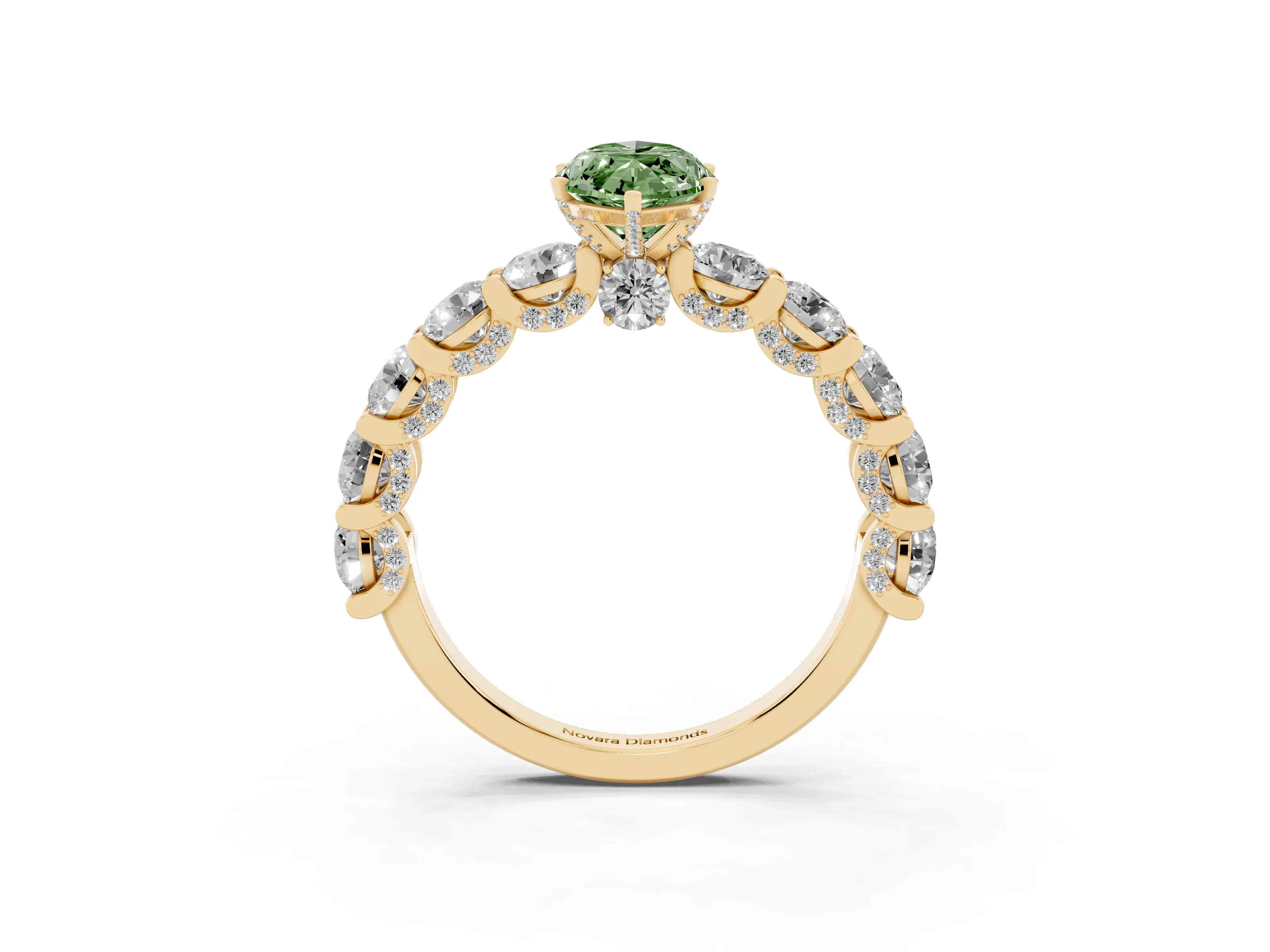 Fancy Green Marquise Cut Diamond Side Stone Ring Set in Yellow gold with Alternating Round and Oval Side Stones