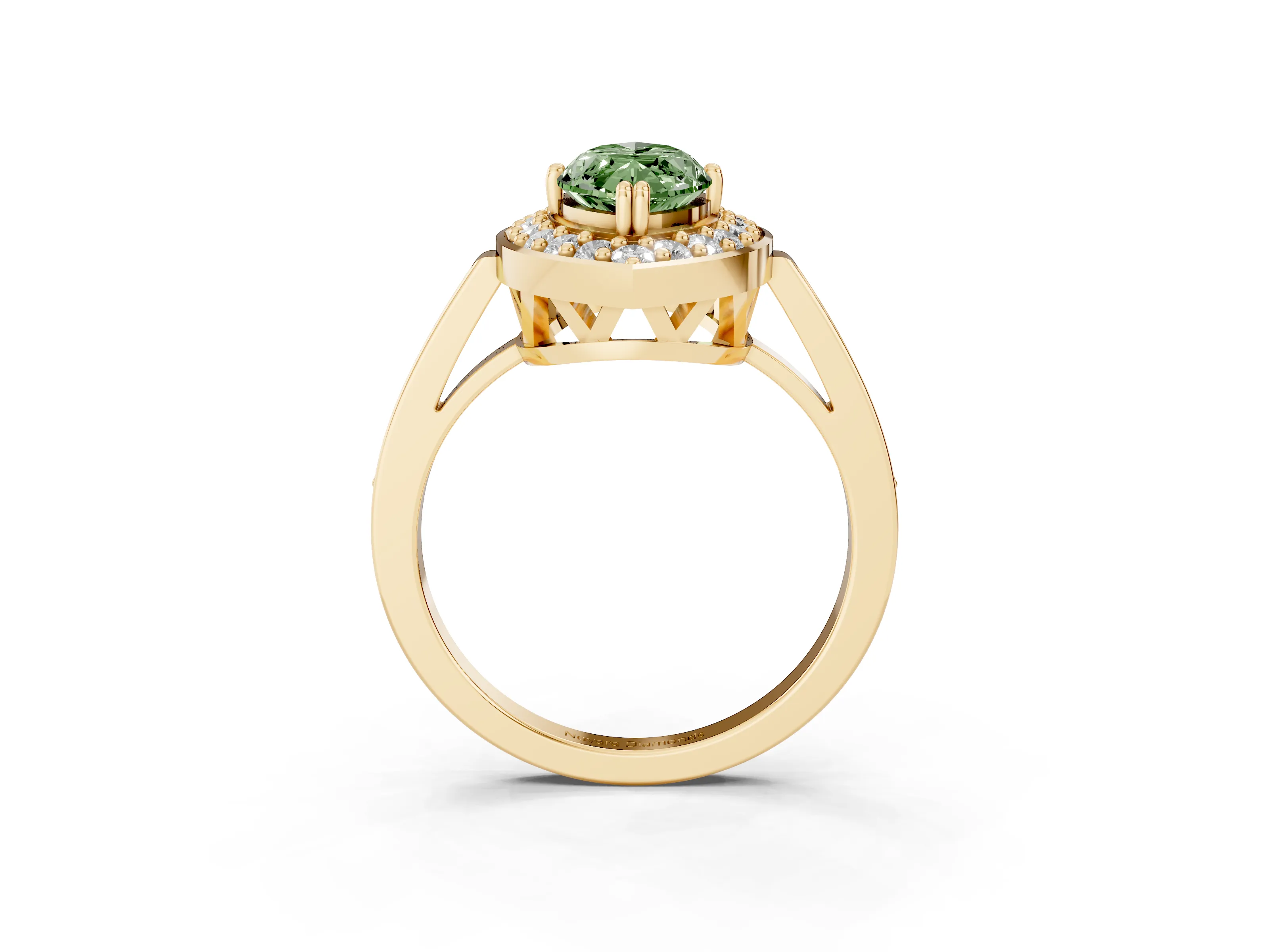 Fancy Green Marquise Cut Diamond Halo Ring Set in Yellow gold with Accent-Lined Split Shank and Prong Setting