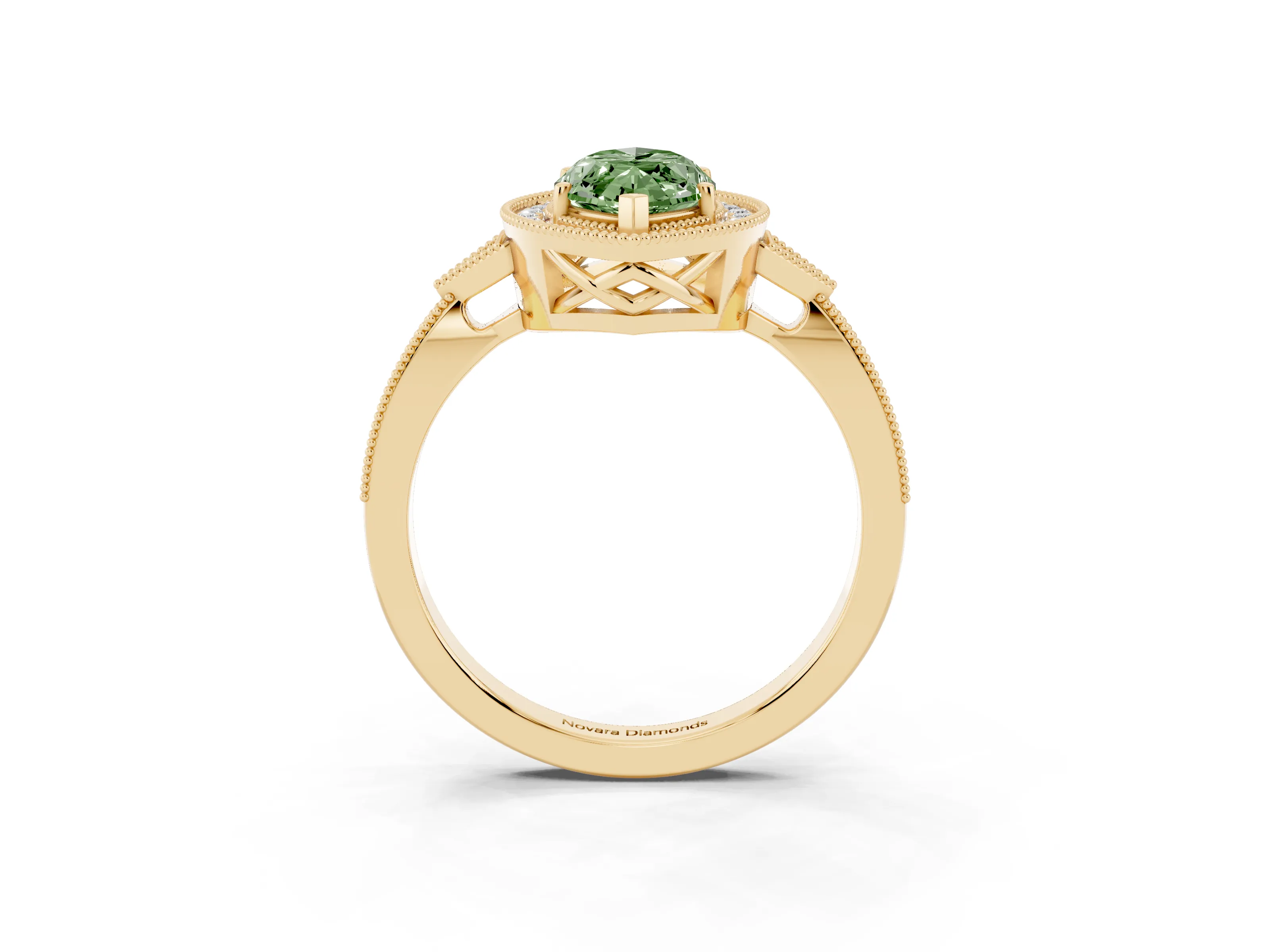 Fancy Green Marquise Cut Diamond Halo Engagement Ring Set in Yellow gold with Milgrain Pavé Band