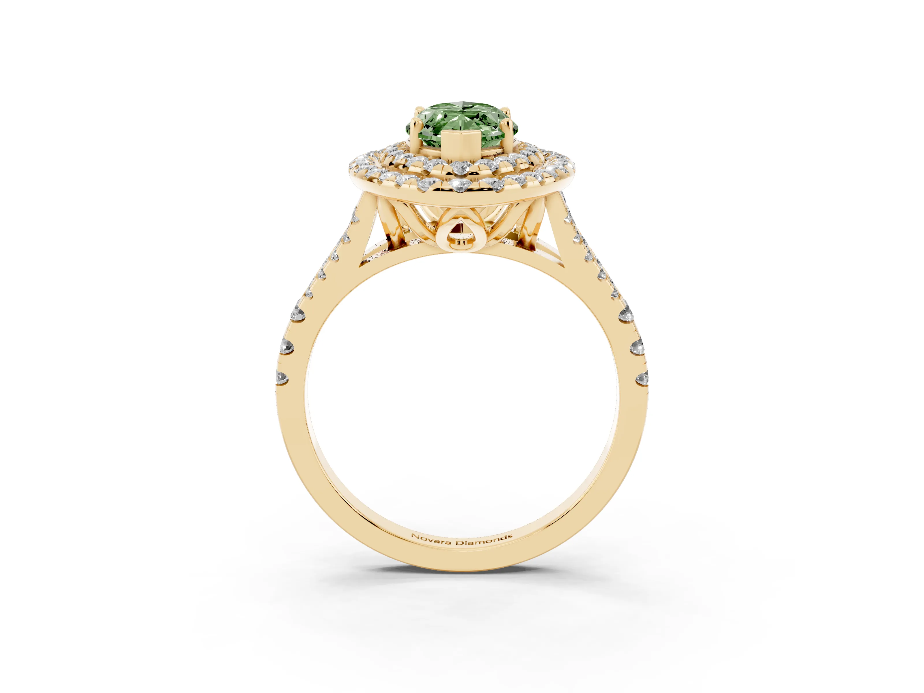 Fancy Green Marquise Cut Diamond Double Halo Ring Set in Yellow gold with Pavé Split Shank and Prong Setting
