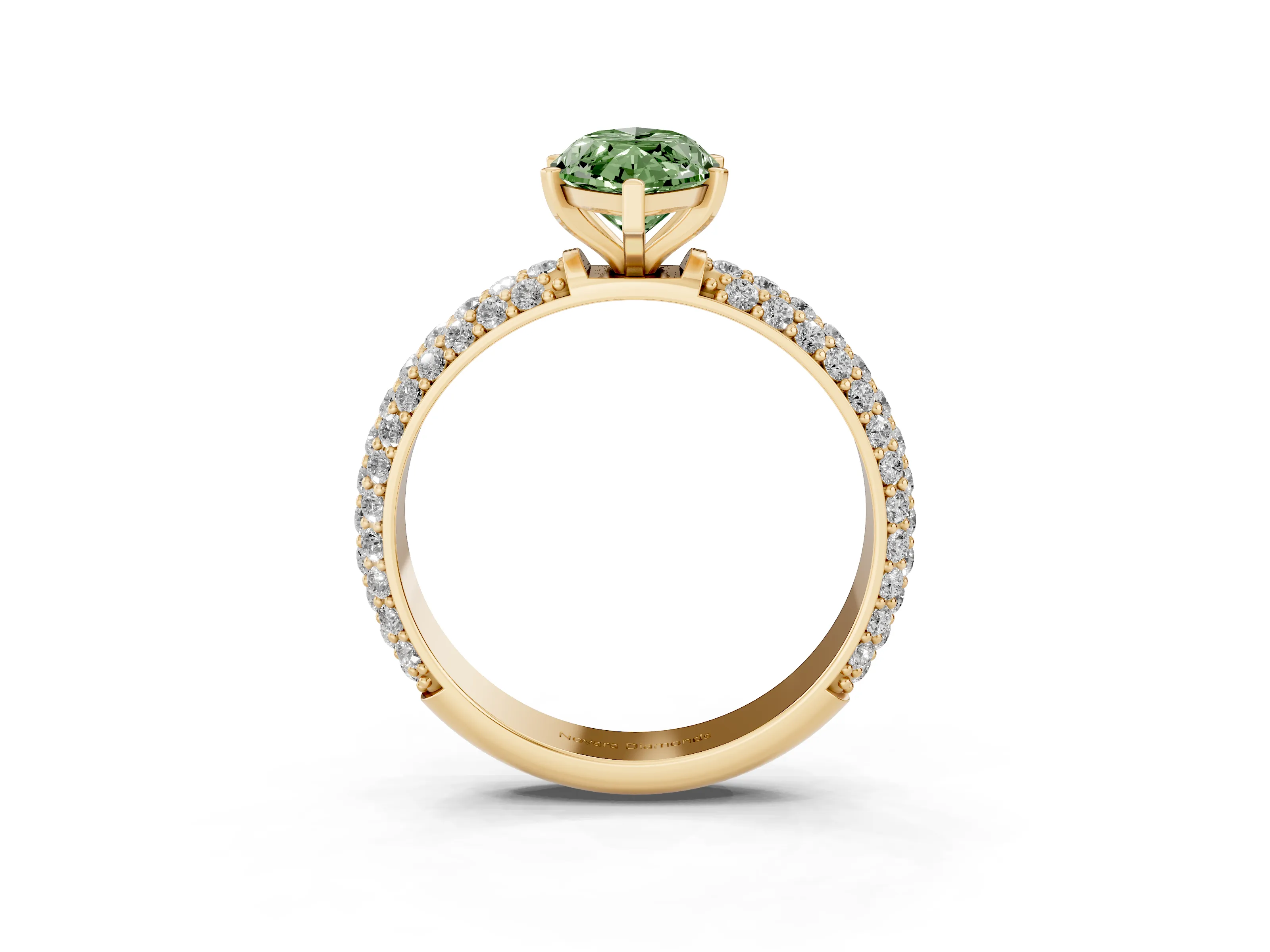 Fancy Green Marquise Cut Diamond Solitaire Ring Set in Yellow gold with Prong Setting and Pavé-Set Band