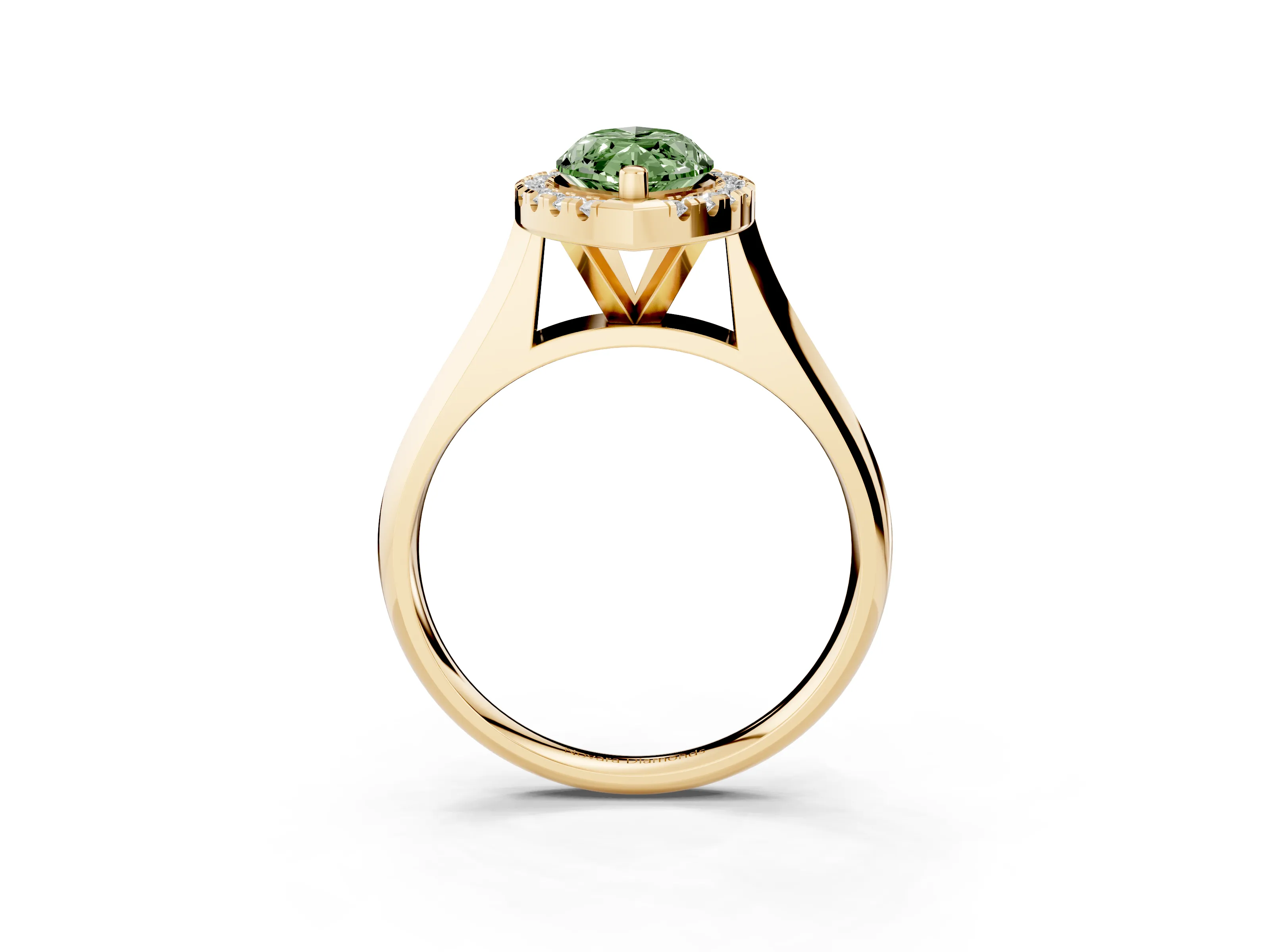 Fancy Green Marquise Cut Diamond Halo Solitaire Engagement Ring Set in Yellow gold with Square Band and Prong Setting