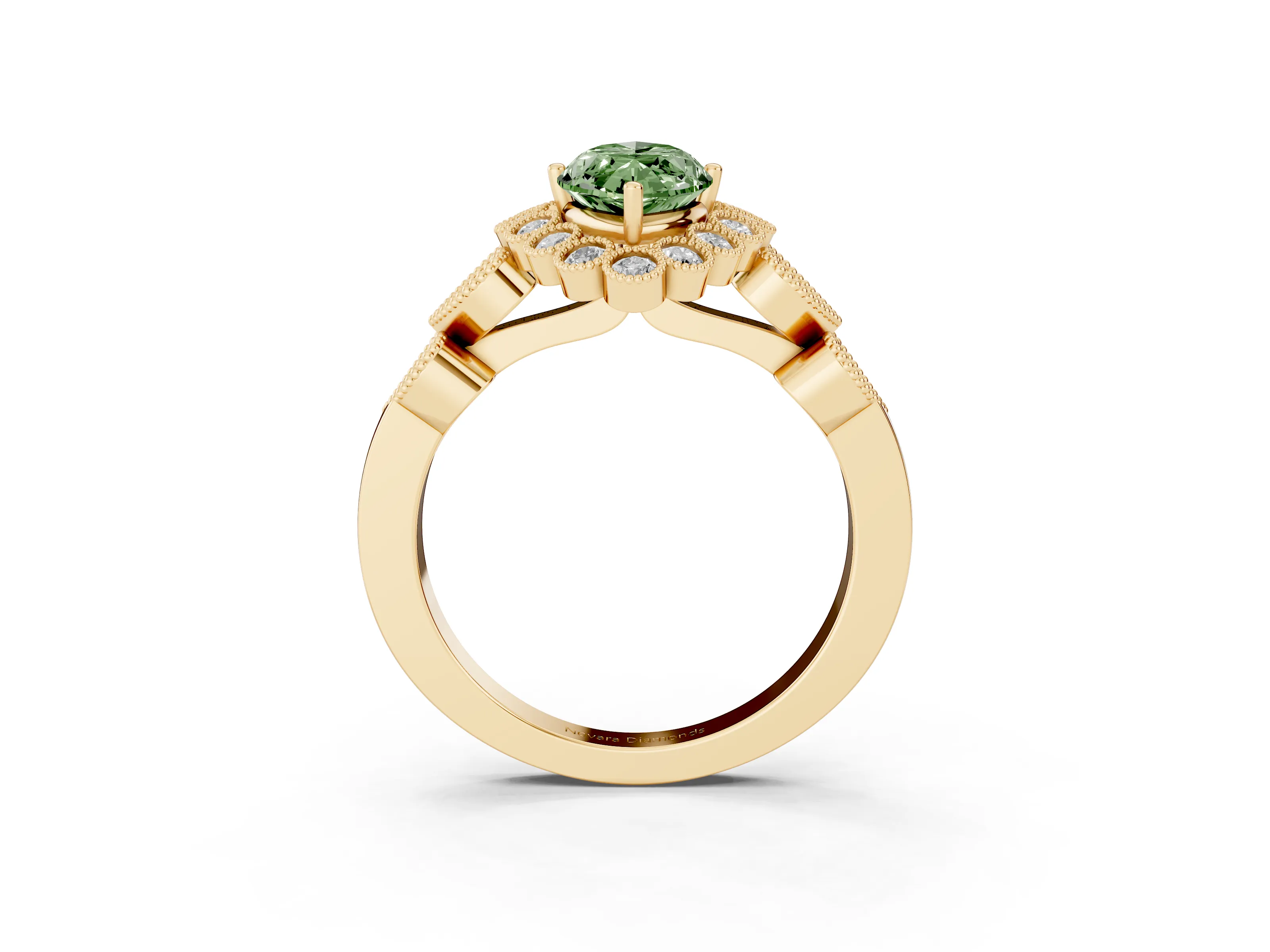 Fancy Green Marquise Cut Diamond Solitaire Ring Set in Yellow gold with Milgrain Pavé Heart Band