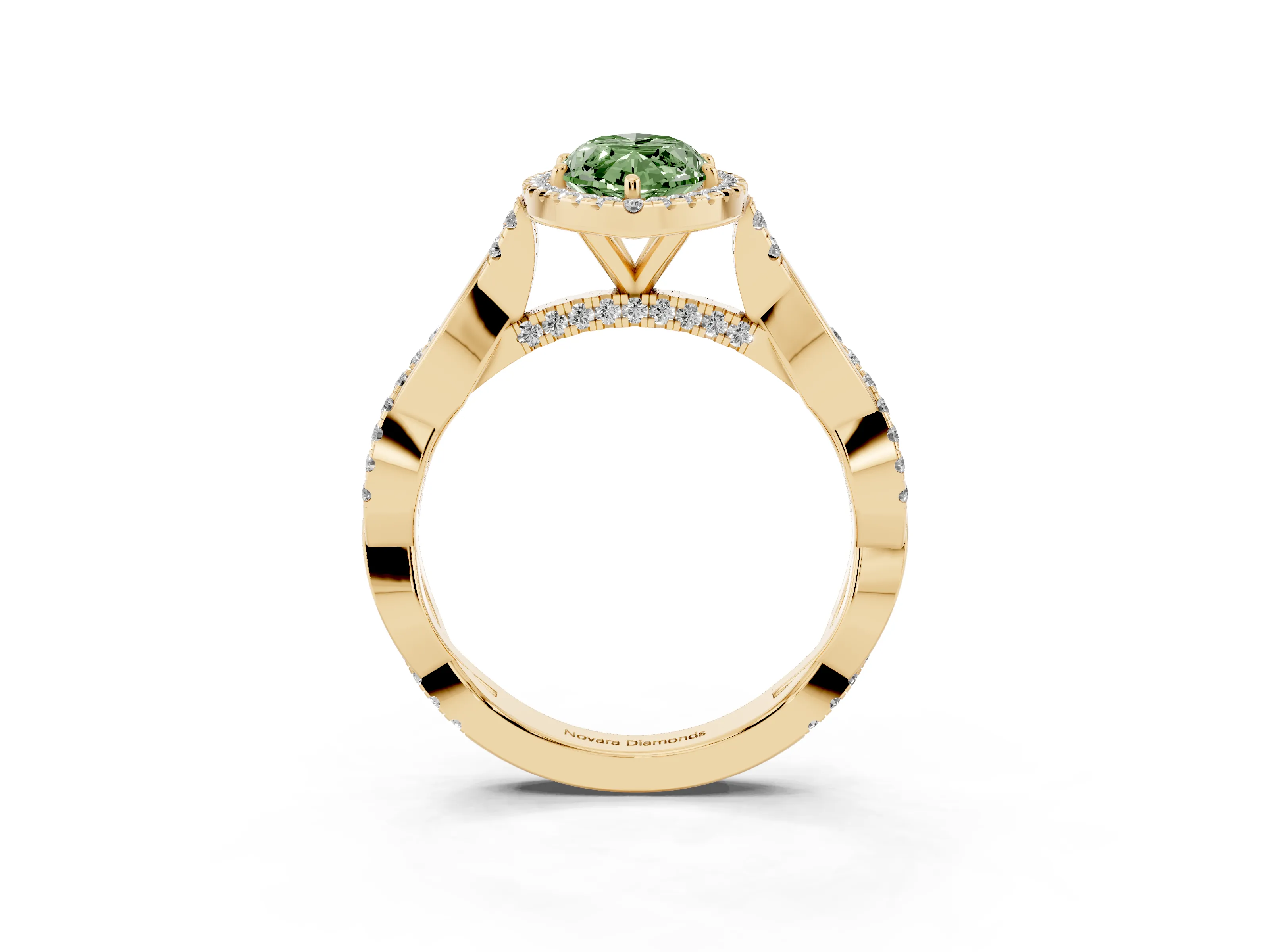 Fancy Green Marquise Cut Diamond Halo Twist Band Solitaire Ring Set in Yellow gold with Prong Setting