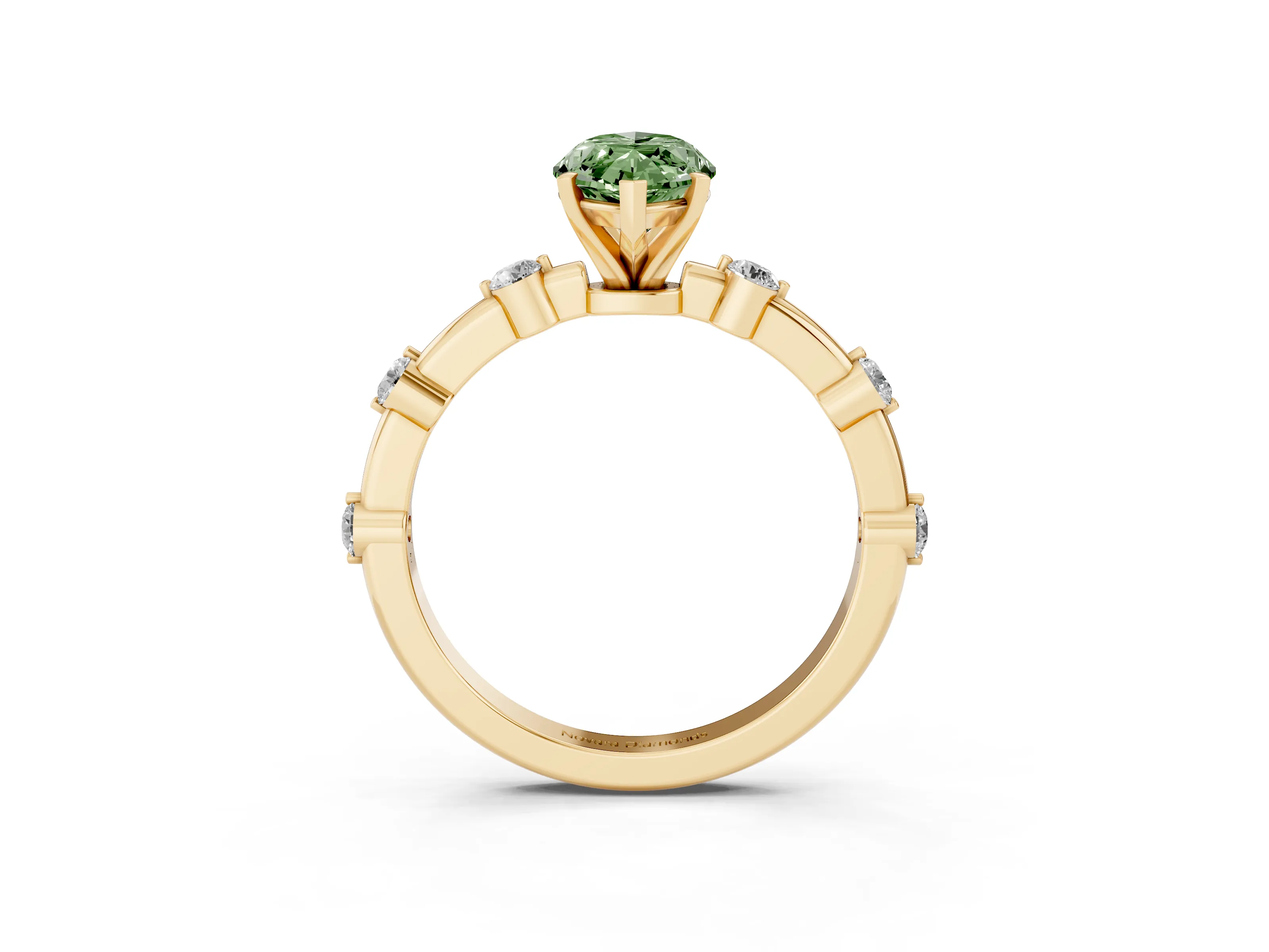 Fancy Green Marquise Cut Diamond Solitaire Ring Set in Yellow gold with Bezel Set Side Stones and Prong Setting