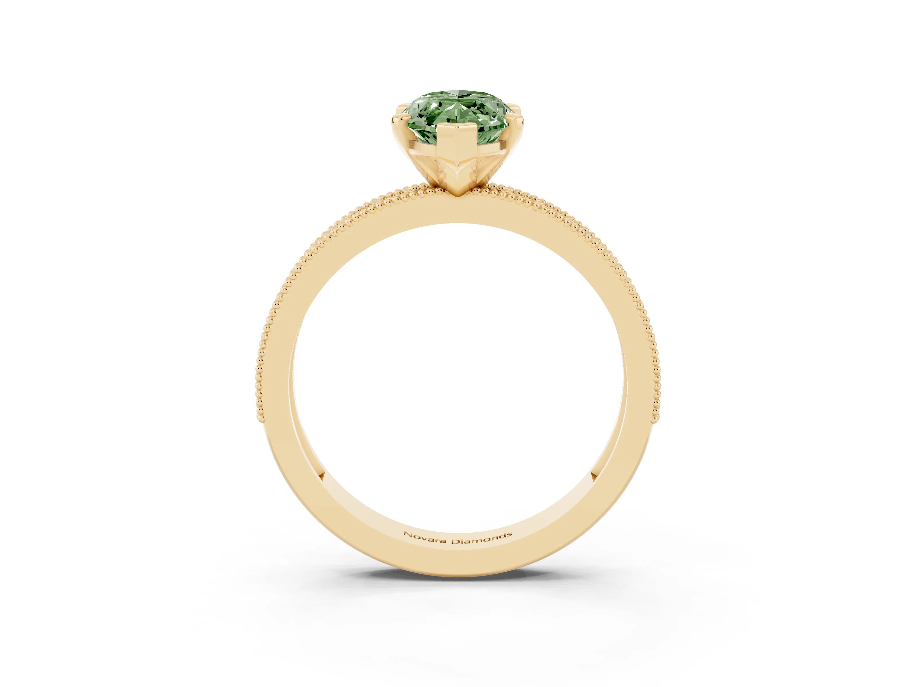 Fancy Green Marquise Cut Diamond Milgrain Pavé Engagement Ring Set in Yellow gold with Prong Setting