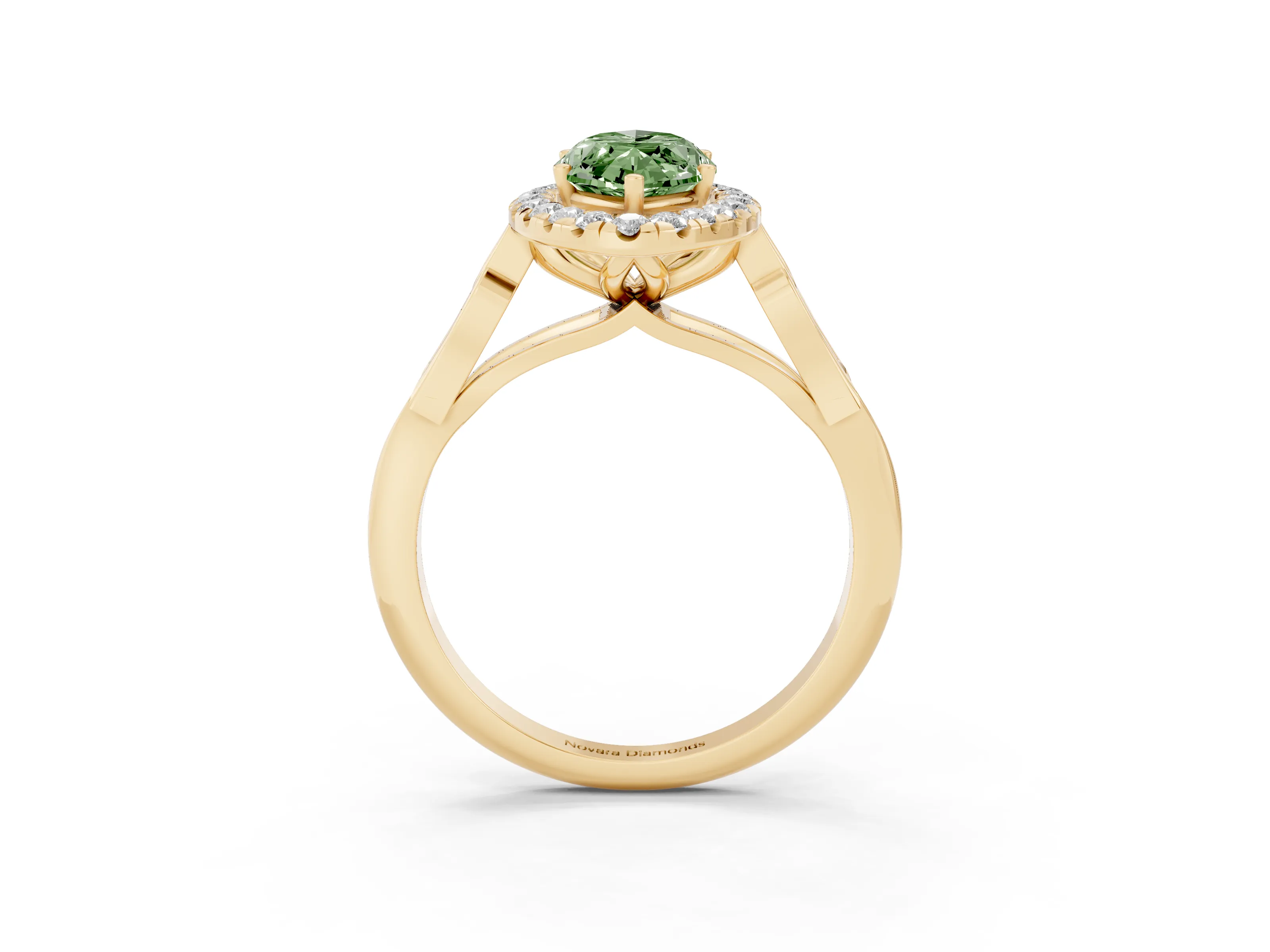 Fancy Green Marquise Cut Diamond Halo Engagement Ring Set in Yellow gold with Filigree Band and Prong-Set Center