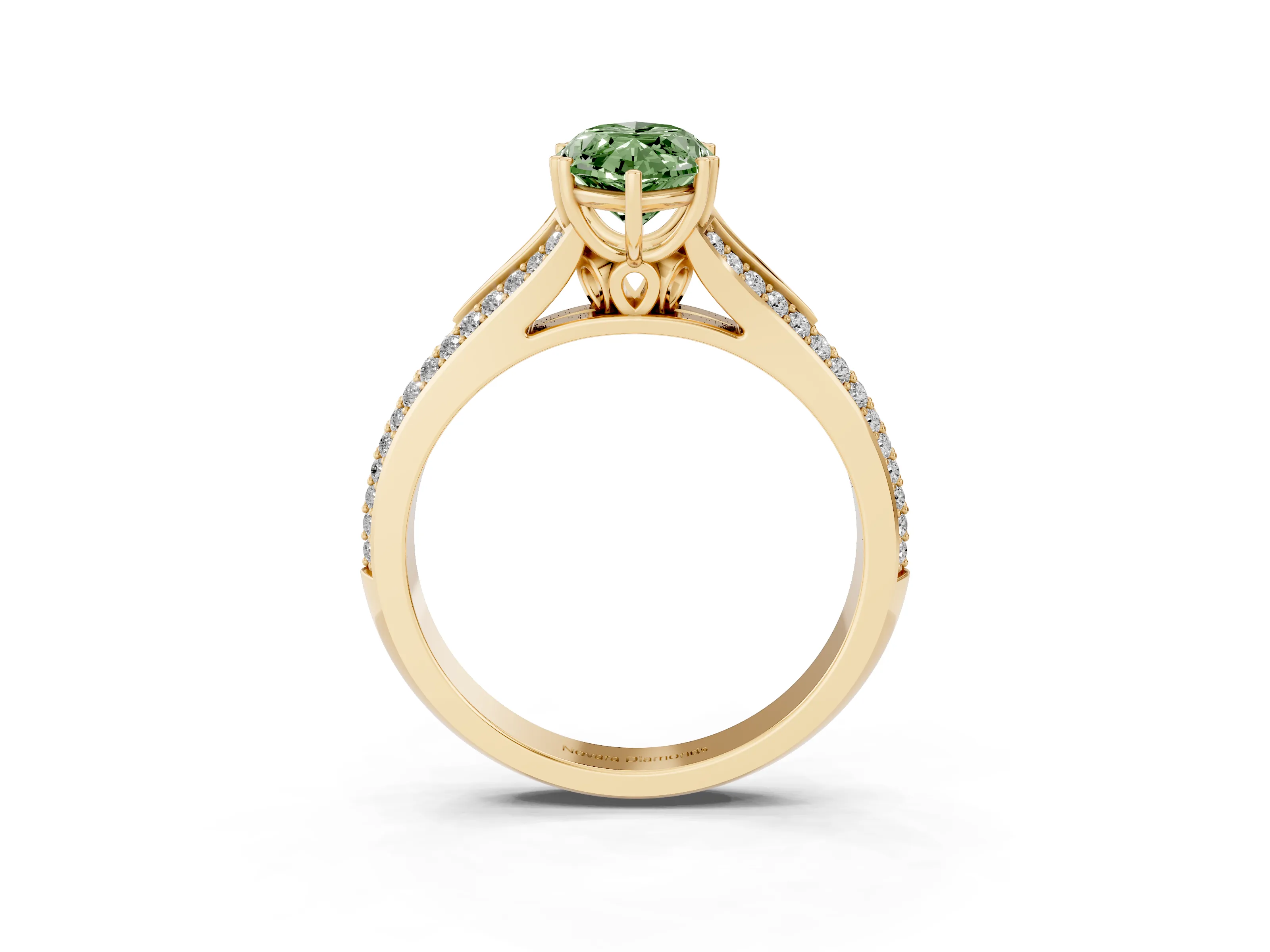 Fancy Green Marquise Cut Diamond Split Shank Pavé Engagement Ring Set in Yellow gold with Prong-Set Center Stone
