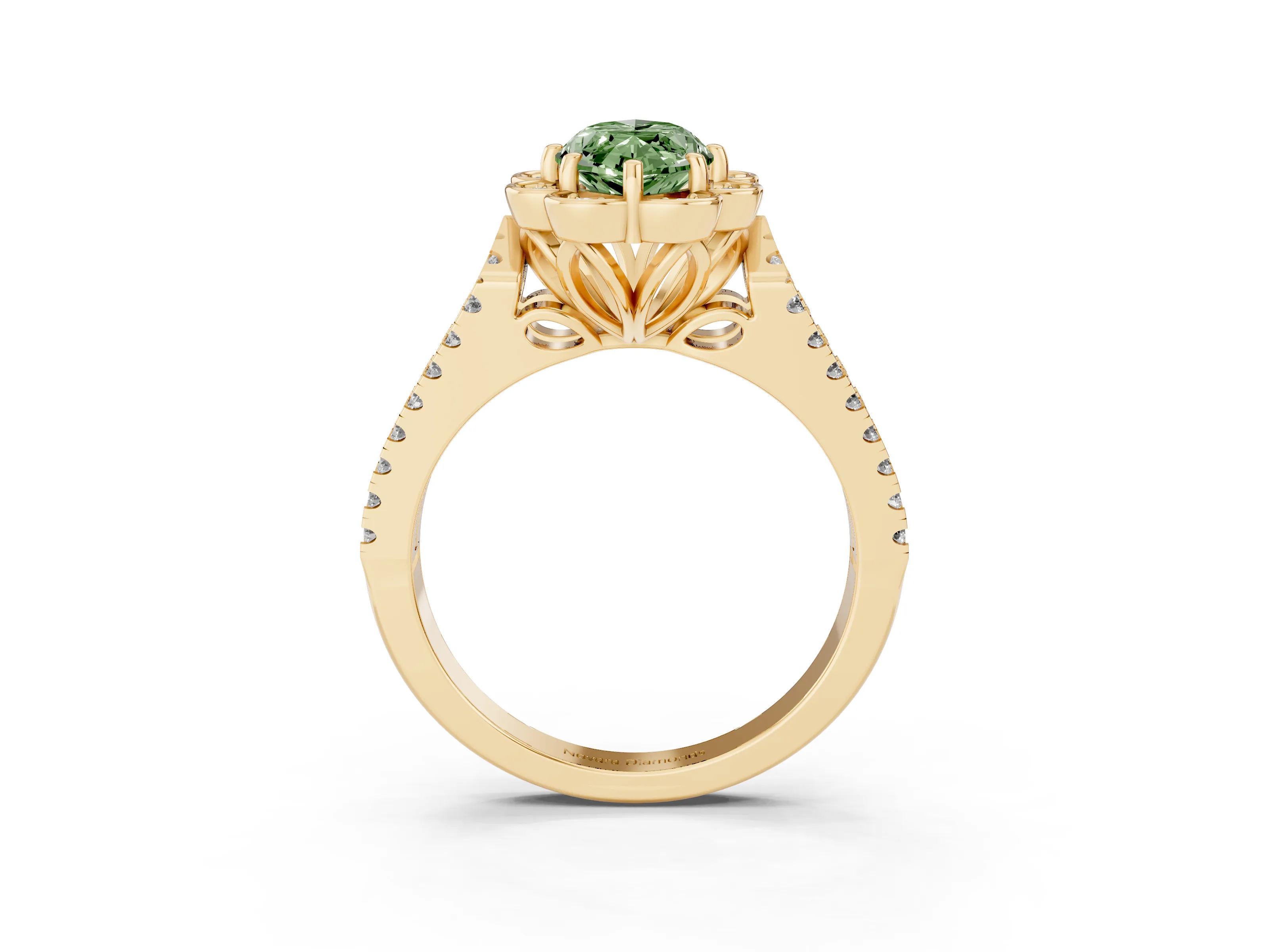 Fancy Green Marquise Cut Diamond Floral Halo Split Shank Engagement Ring Set in Yellow gold with Pavé Shank