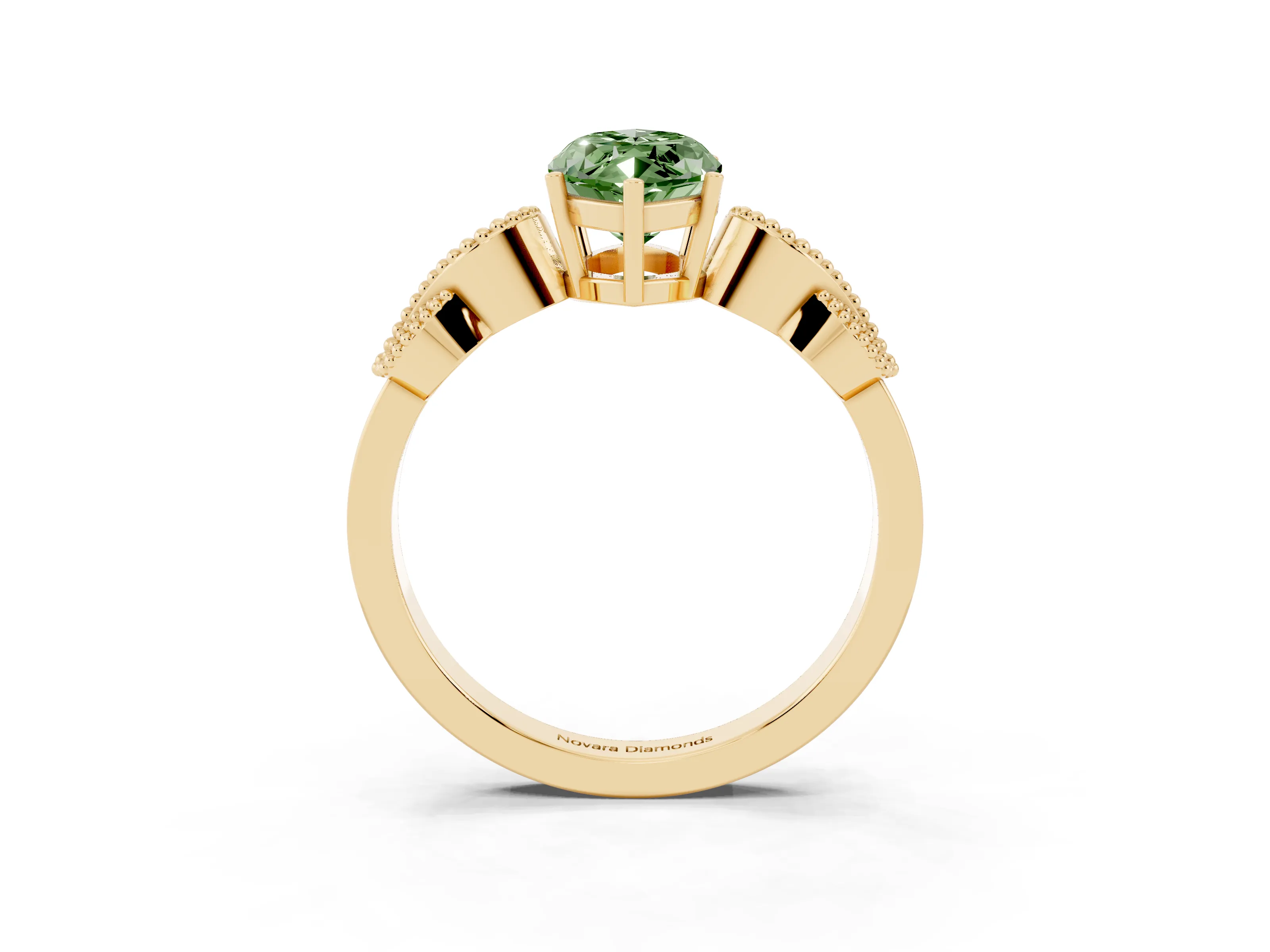 Fancy Green Marquise Cut Diamond Milgrain Leaf Band Solitaire Ring Set in Yellow gold with Accent Stones and Prong Setting