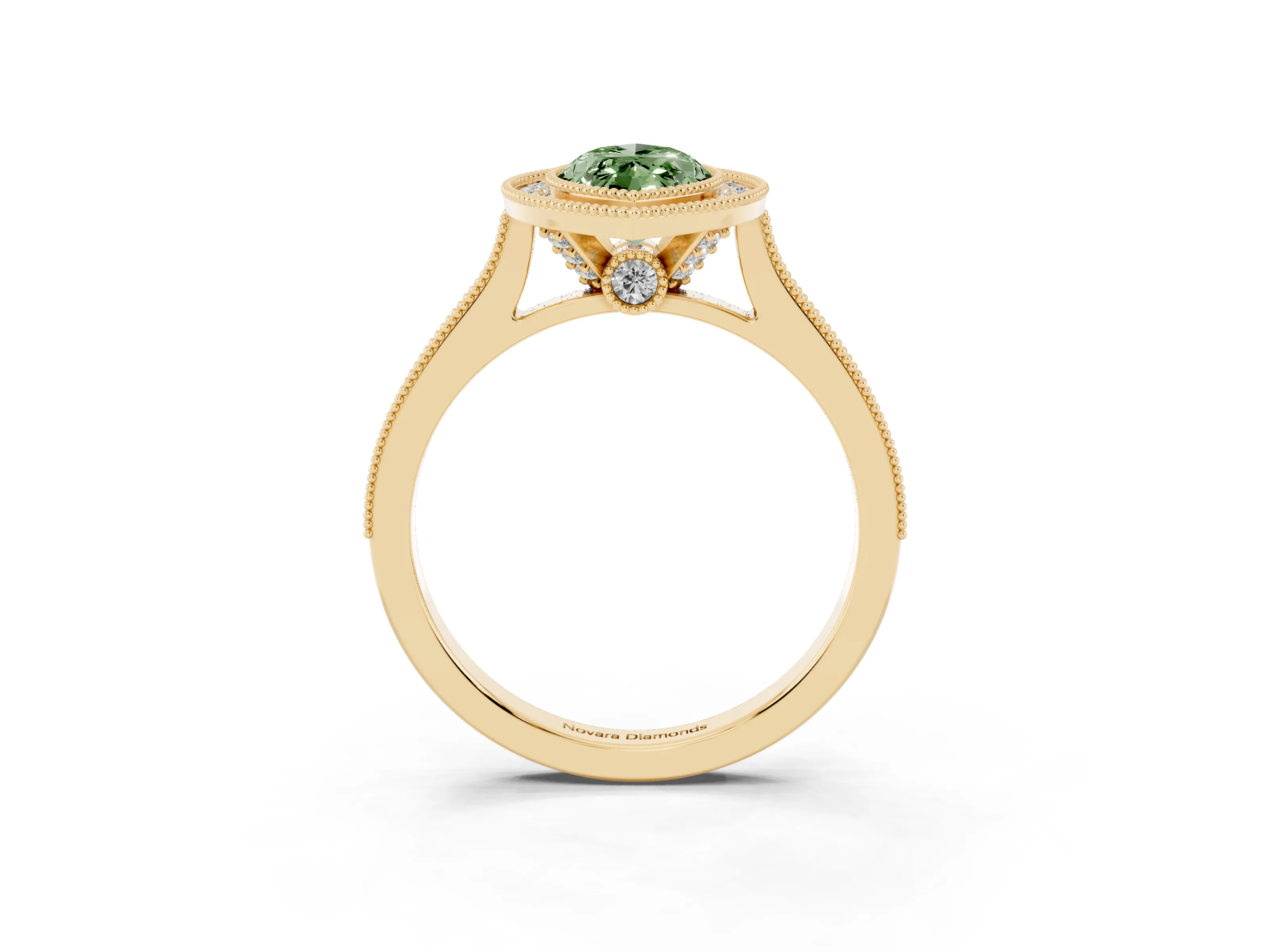 Fancy Green Marquise Cut Diamond Halo Milgrain Pavé Band Ring Set in Yellow gold with Prong Setting