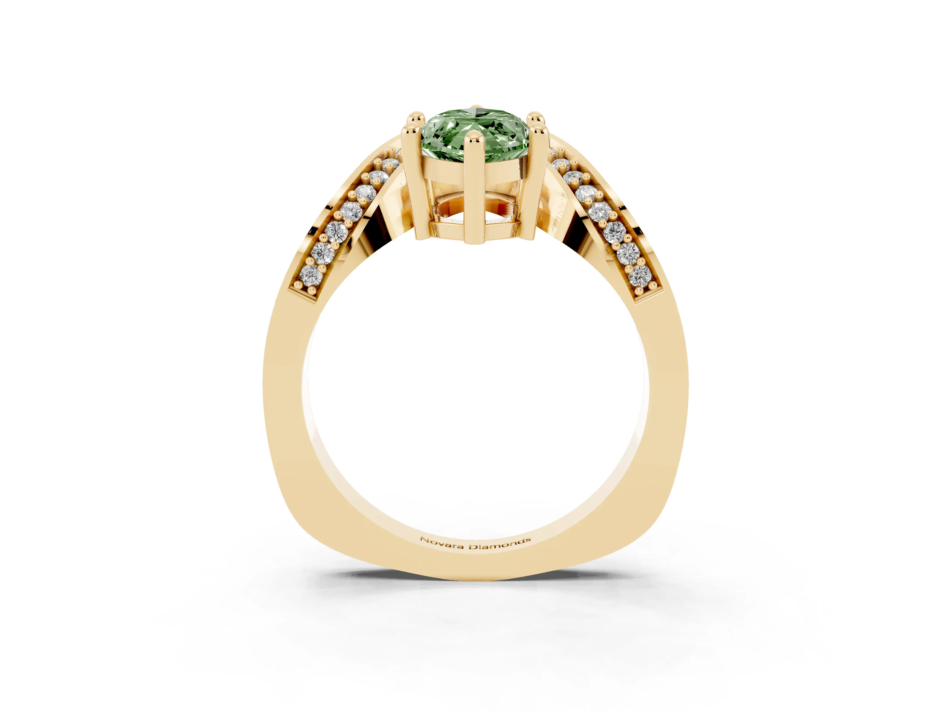 Fancy Green Marquise Cut Diamond Solitaire Engagement Ring Set in Yellow gold with Pavé Shoulders