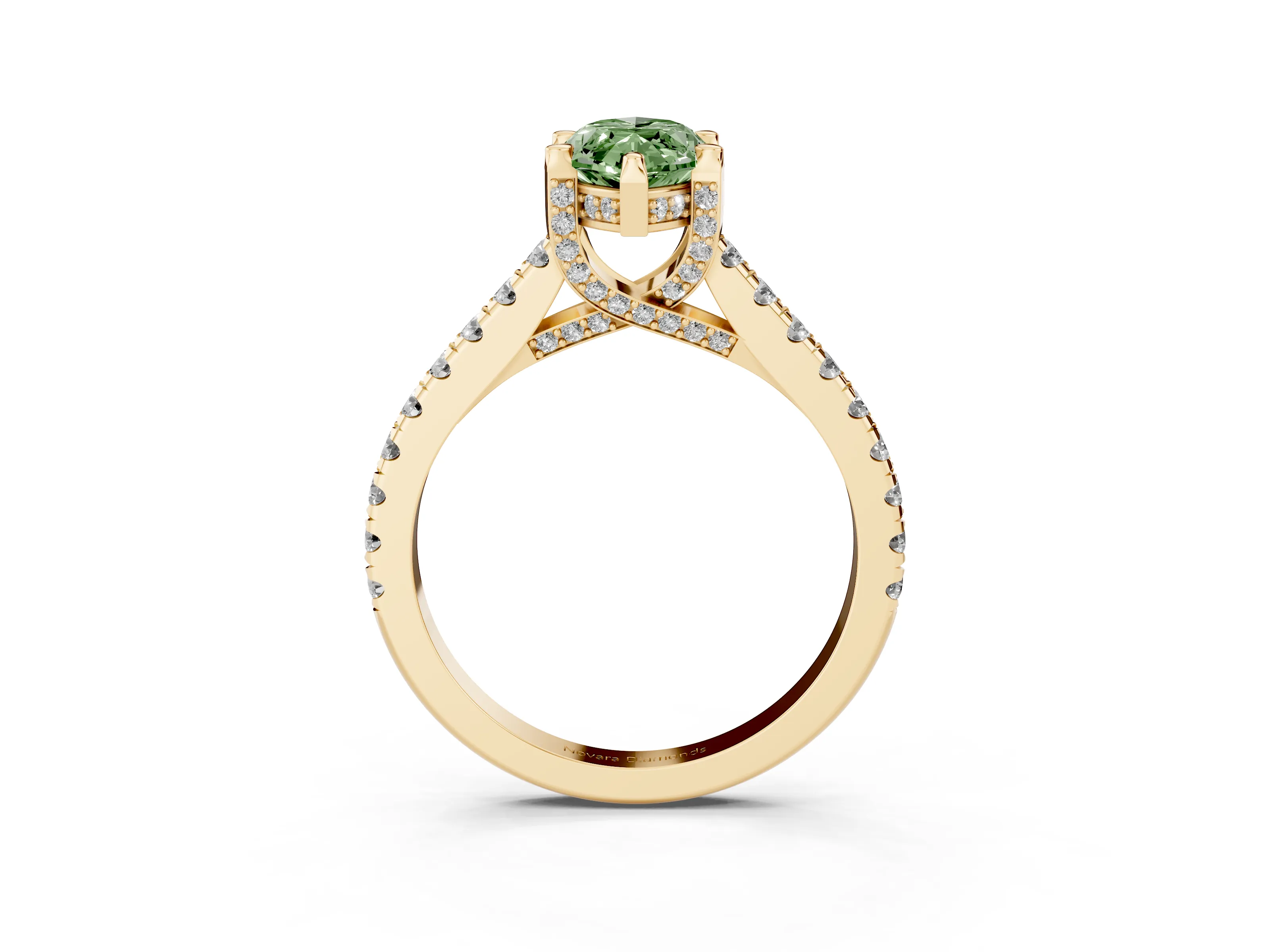 Fancy Green Marquise Cut Diamond Solitaire Ring Set in Yellow gold with Brilliant Pavé Band and Prong Setting