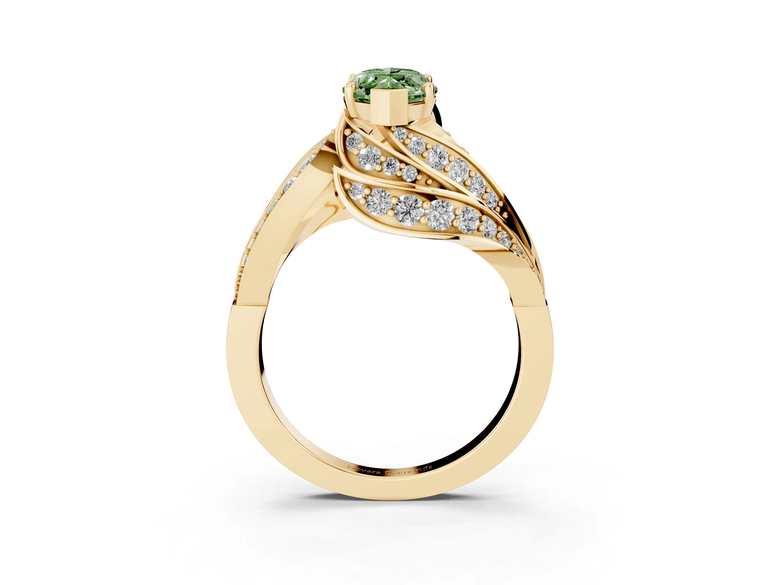 Fancy Green Marquise Cut Diamond Solitaire Ring Set in Yellow gold with Layered Twist Pavé Band