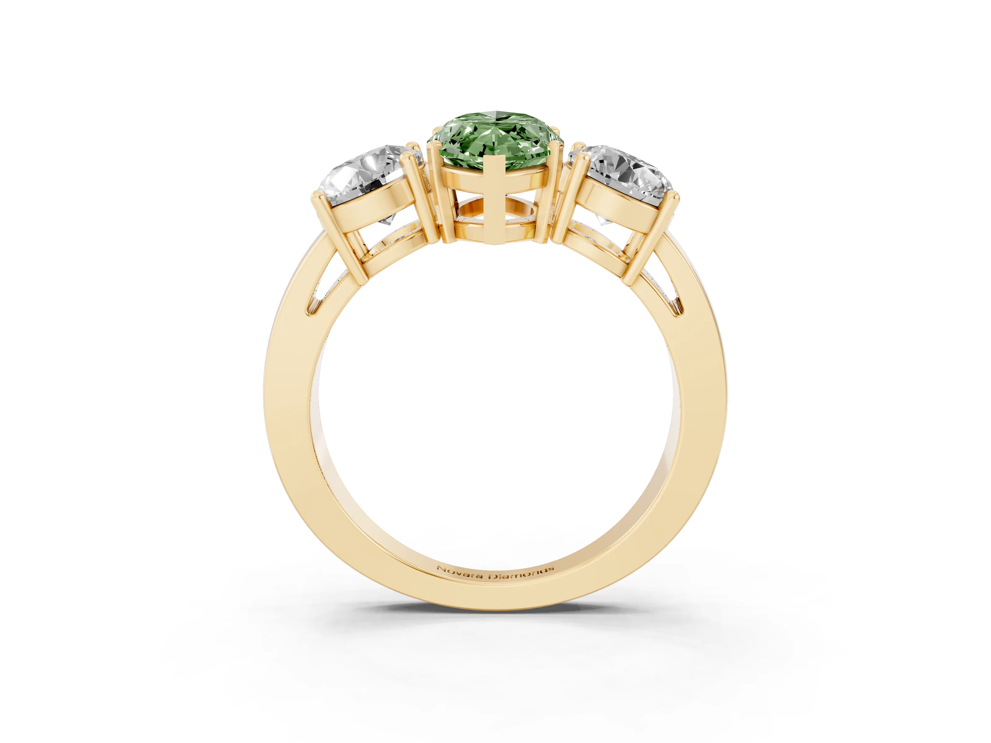 Fancy Green Marquise Cut Diamond Three-Stone Ring Set in Yellow gold with Round Side Stones and Classic Band