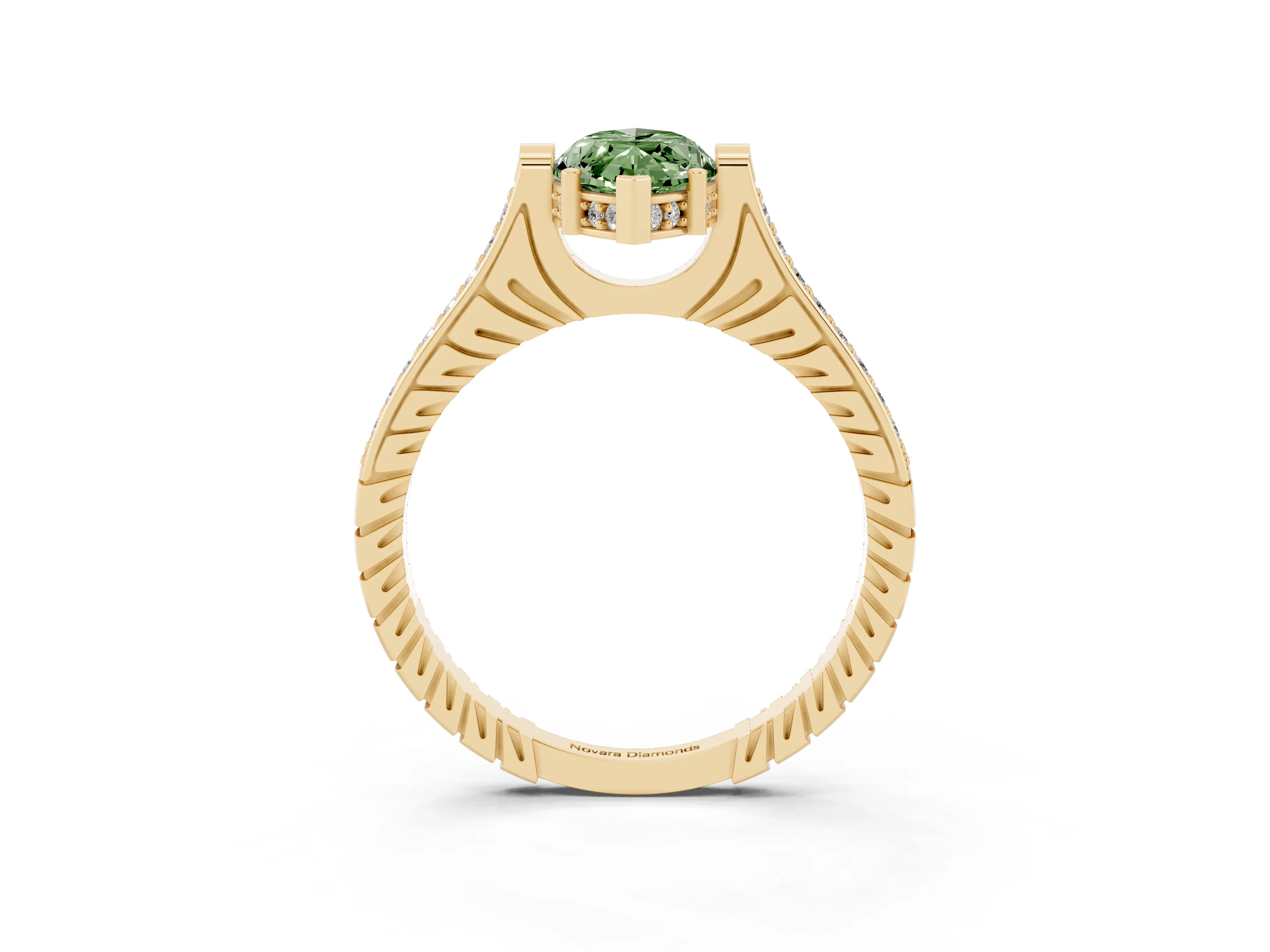 Fancy Green Marquise Cut Diamond Solitaire Ring Set in Yellow gold with Channel Set Band and Bezel Prong Setting