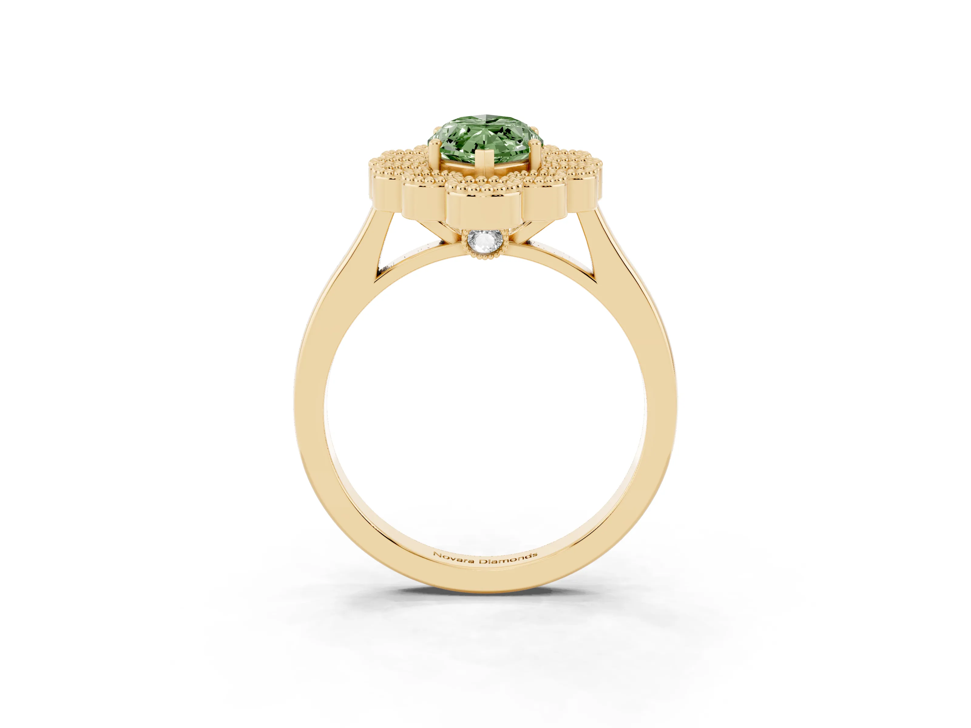 Fancy Green Marquise Cut Diamond Cluster Halo Ring Set in Yellow gold with Milgrain Bezel Accents and Plain Band