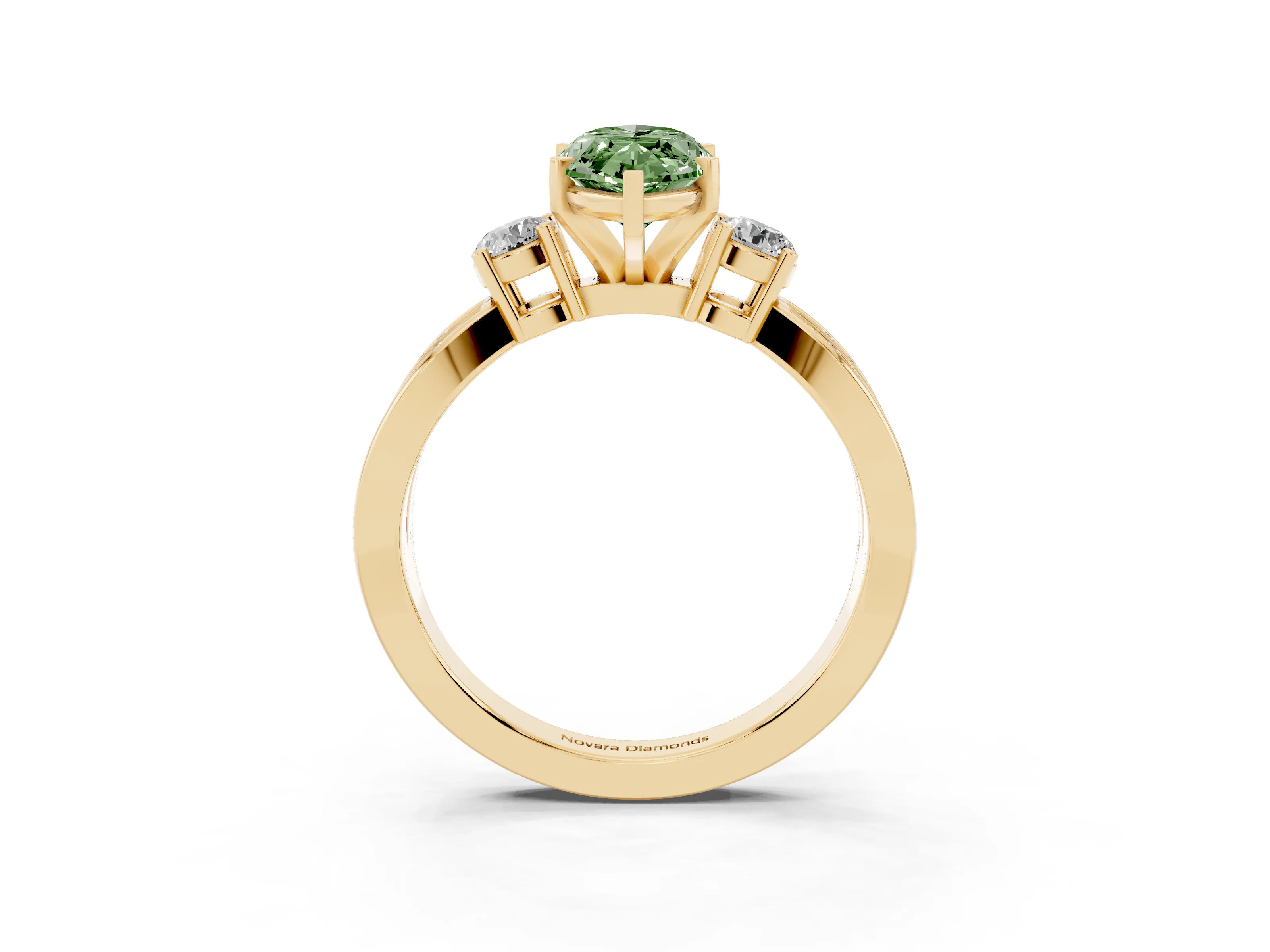 Fancy Green Three-Stone Marquise Cut Diamond Twist Band Ring Set in Yellow gold with Pavé Accents and Prong Setting