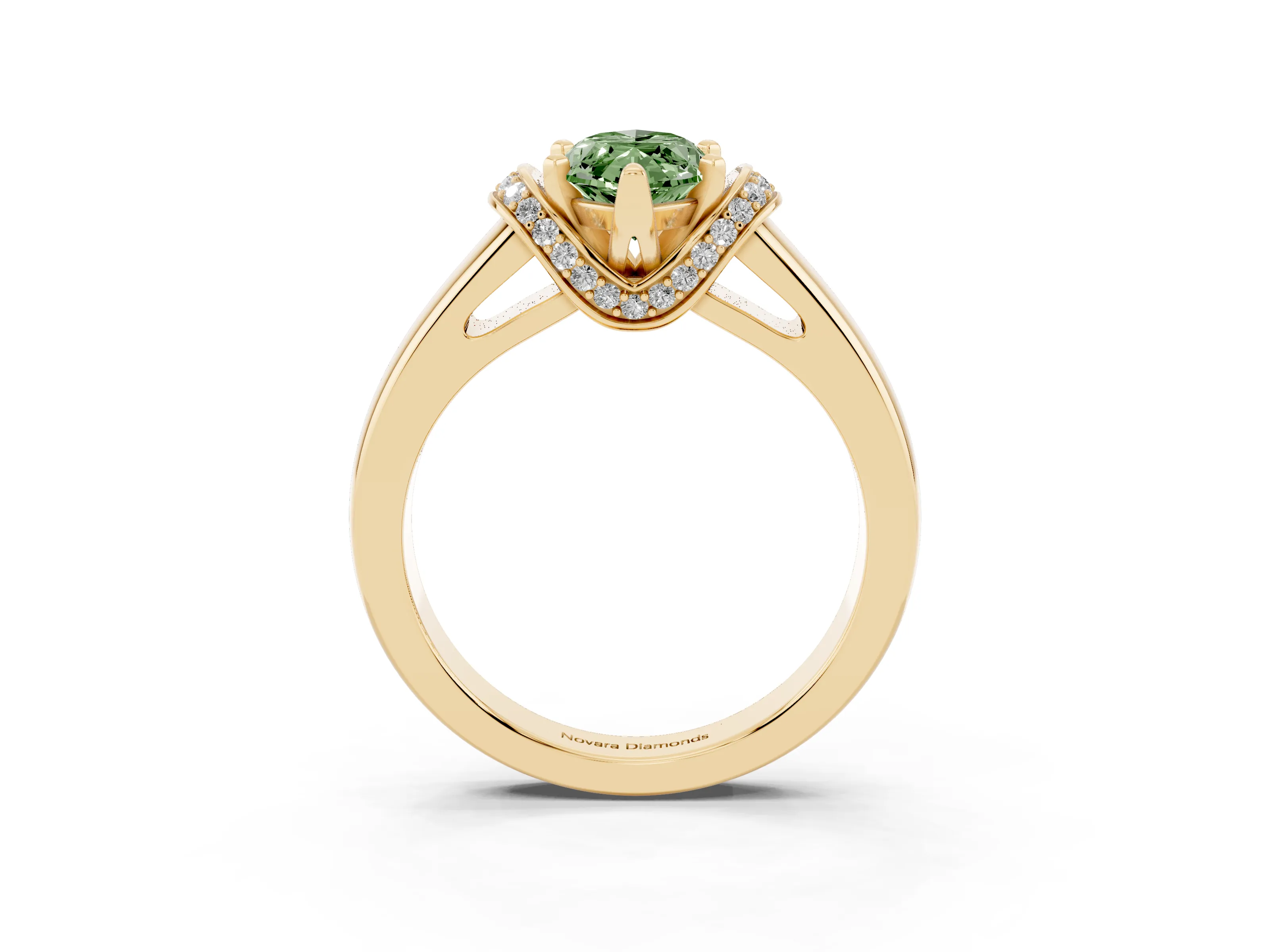 Fancy Green Marquise Cut Diamond Pavé Band Solitaire Ring Set in Yellow gold with Prong Setting