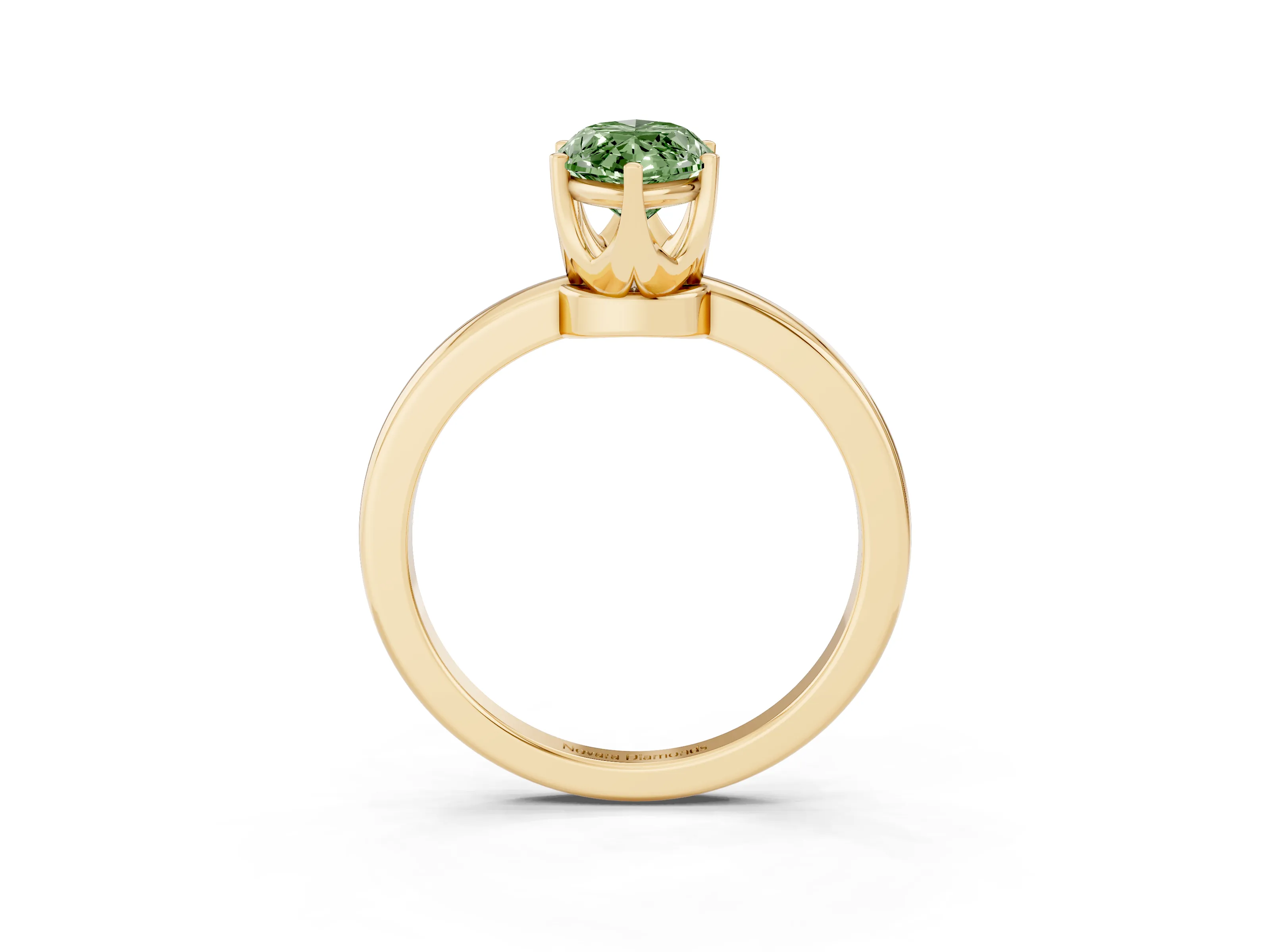Fancy Green Marquise Cut Diamond Solitaire Ring Set in Yellow gold with Raised Prong Setting on a Classic Band