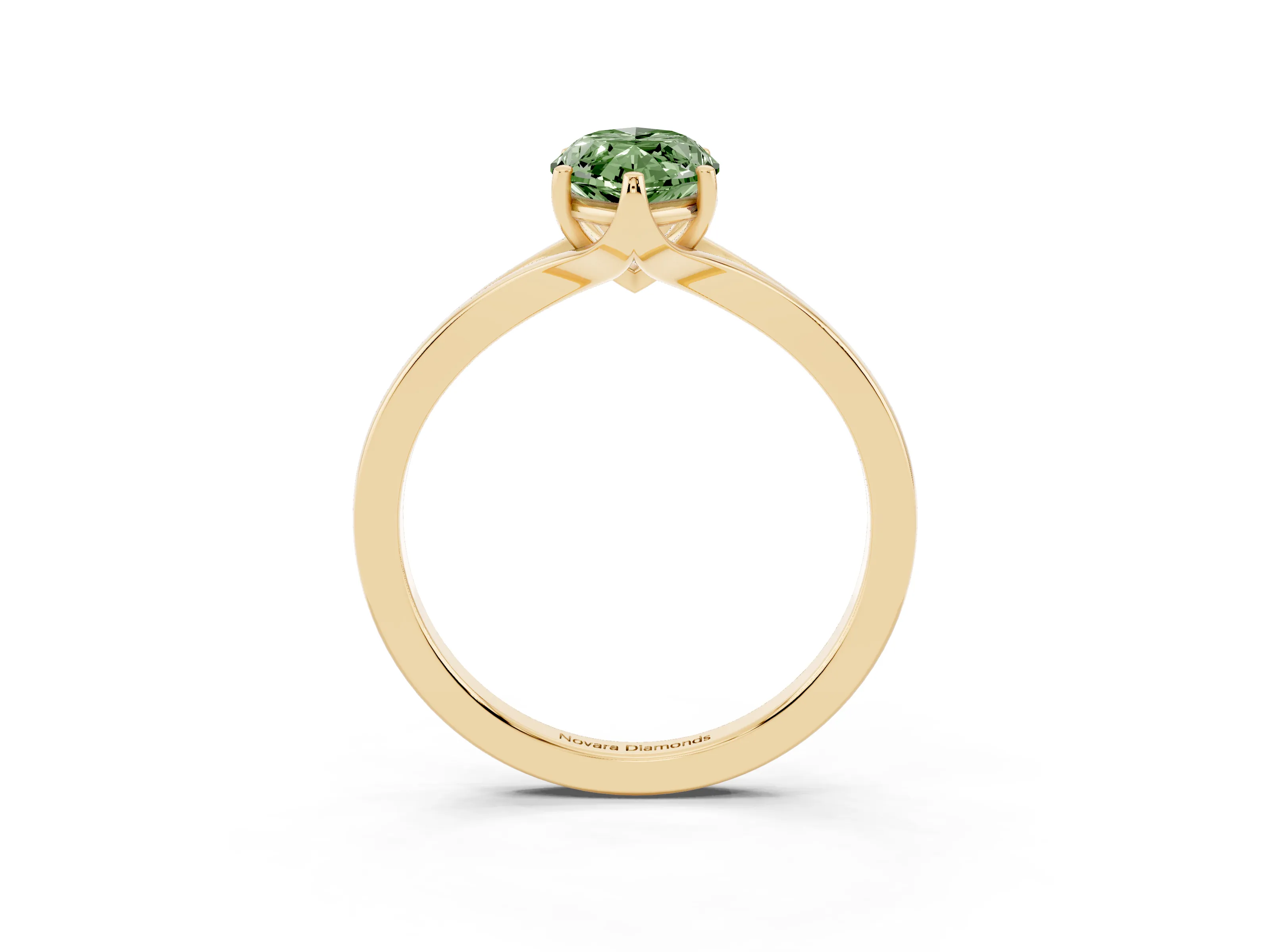 Fancy Green Marquise Cut Diamond Solitaire Ring Set in Yellow gold with Polished Tapered Band and Prong Setting