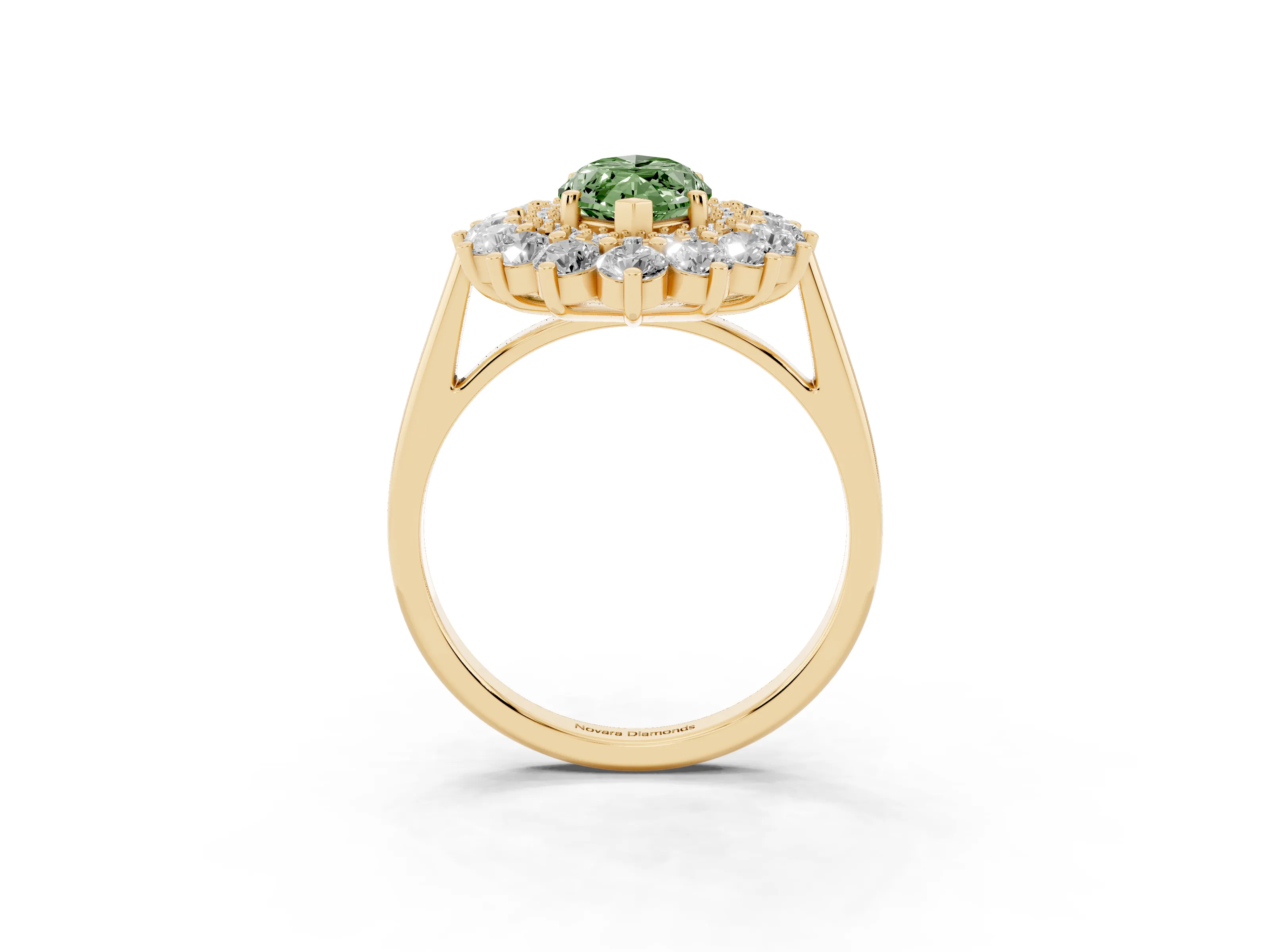 Fancy Green Marquise Cut Diamond Floral Double Halo Ring Set in Yellow gold with Round Petals