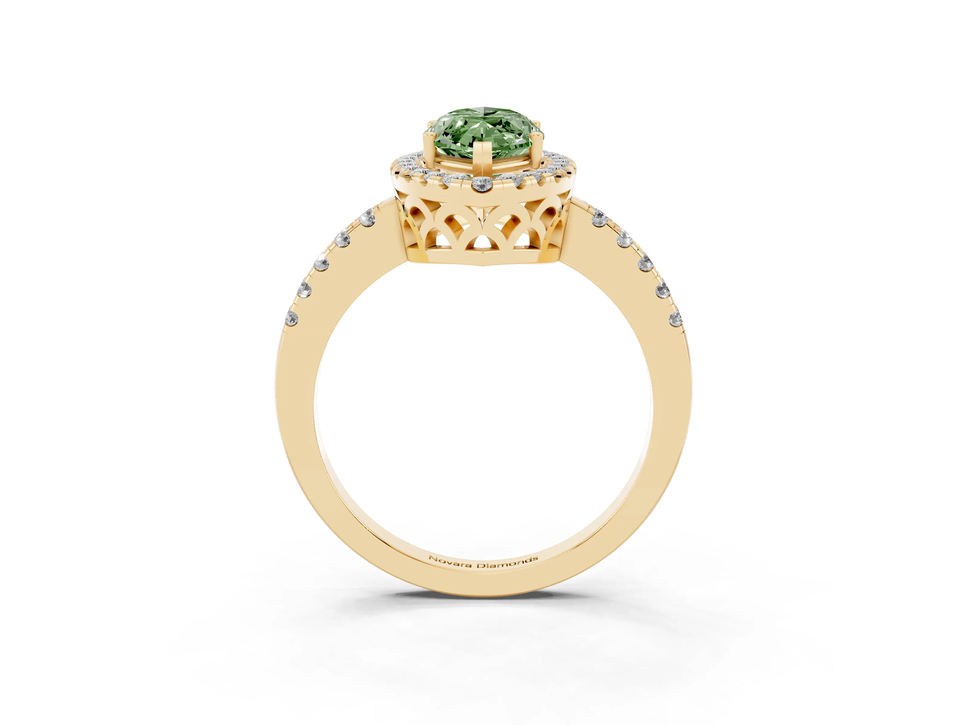 Fancy Green Marquise Cut Diamond Pavé Band Halo Engagement Ring Set in Yellow gold with Prong Setting
