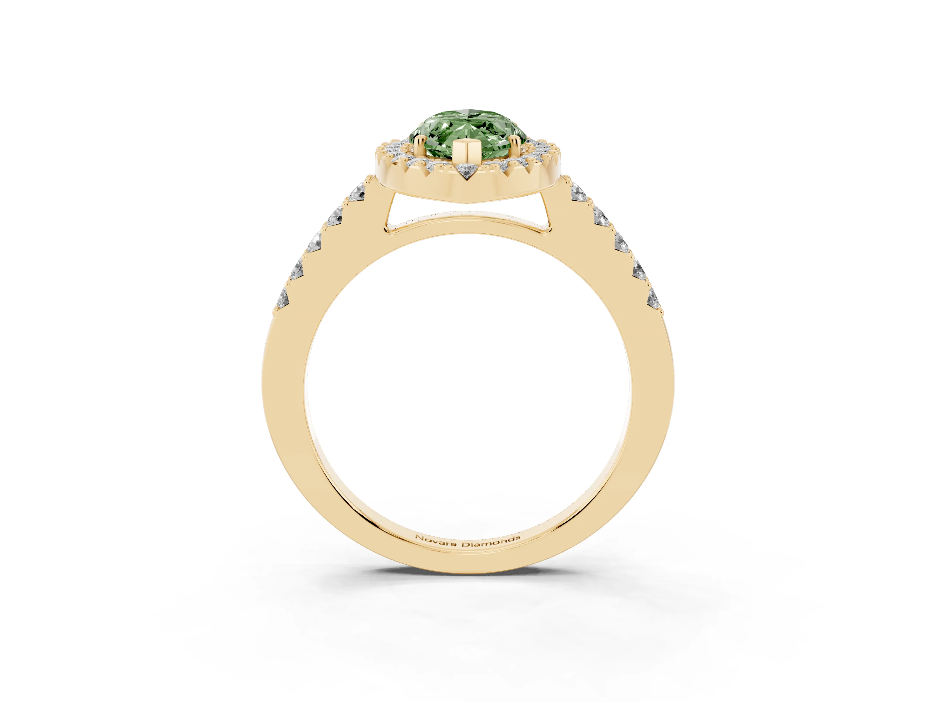 Fancy Green Marquise Cut Diamond Halo Pavé Solitaire Ring Set in Yellow gold with Prong-Set Center Stone