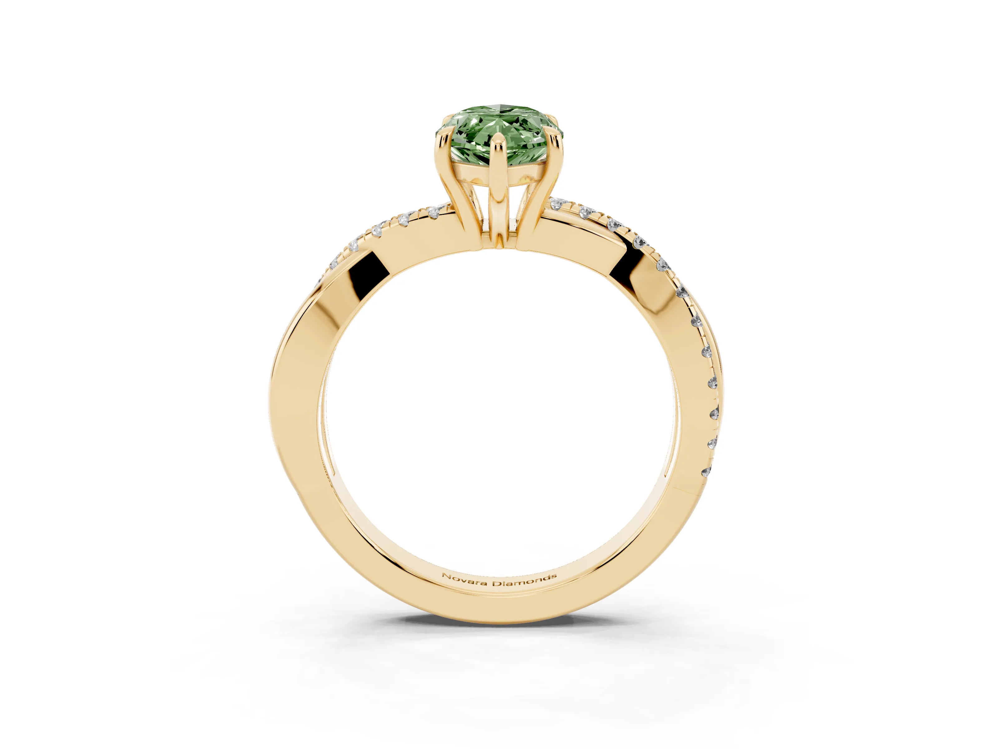 Fancy Green Marquise Cut Diamond Twisted Pavé Band Ring Set in Yellow gold with Prong Setting