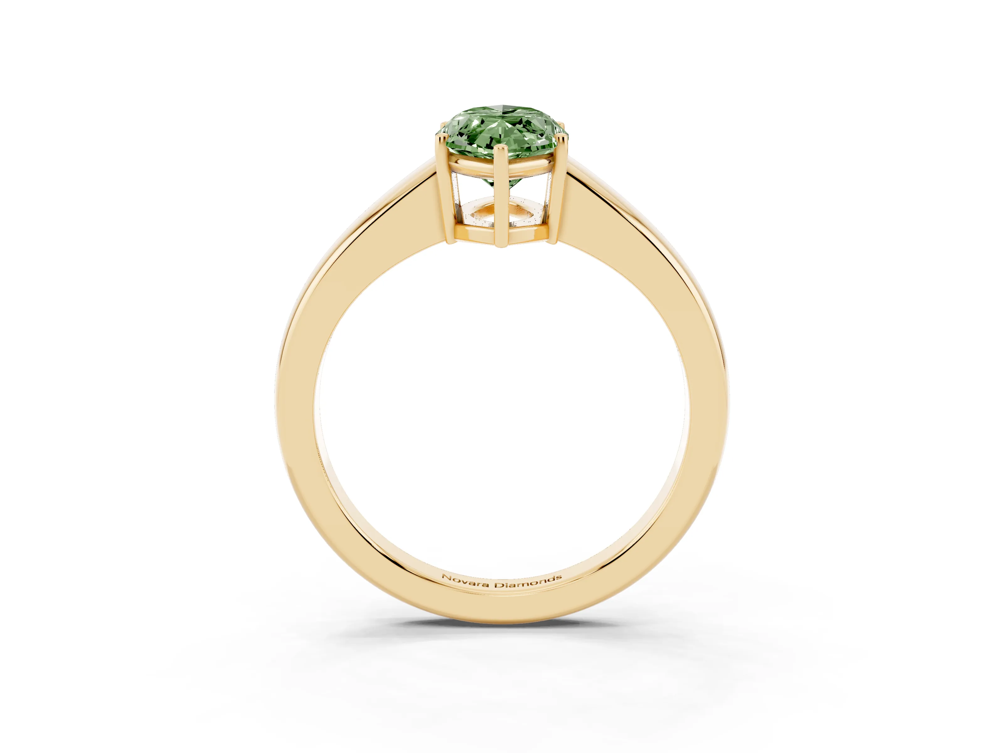 Fancy Green Marquise Cut Diamond Solitaire Ring Set in Yellow gold with Tapered Band and Prong Setting