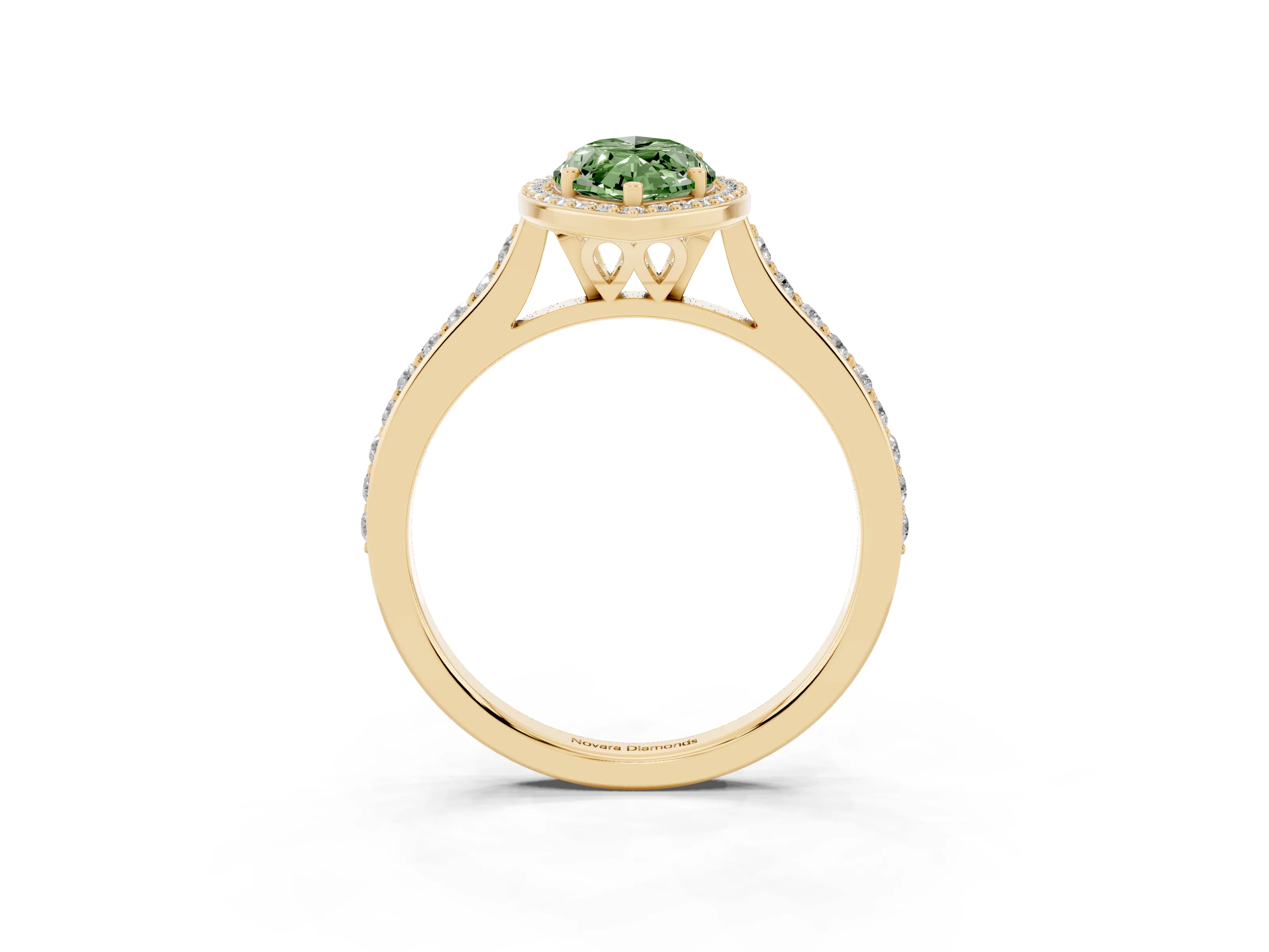 Fancy Green Marquise Cut Diamond Halo Engagement Ring Set in Yellow gold with Round Pavé Shoulders and Heart Gallery