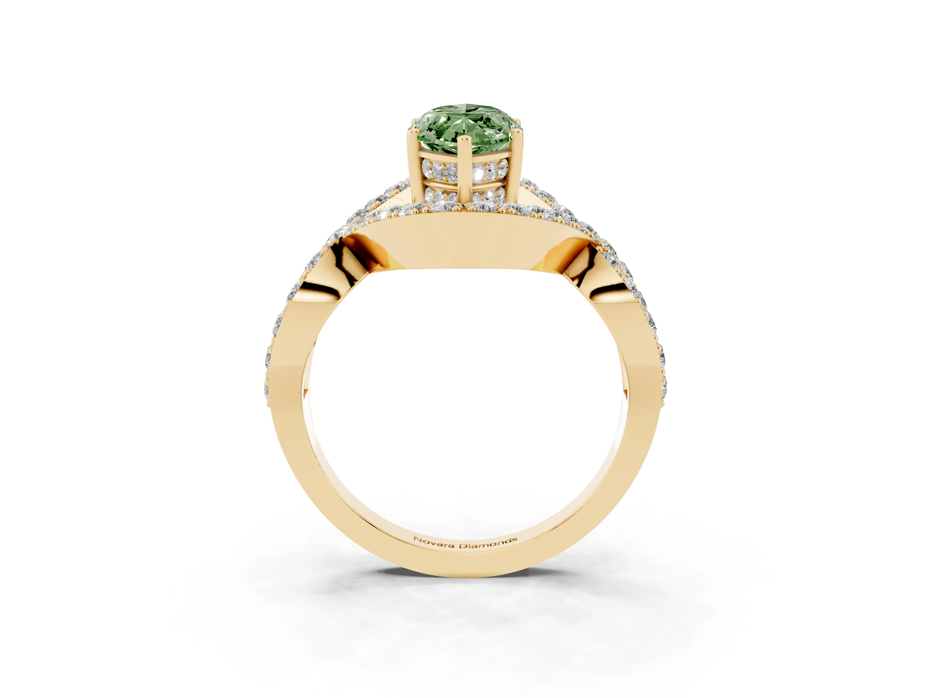 Fancy Green Marquise Cut Diamond Solitaire Twist Band Pavé Engagement Ring Set in Yellow gold