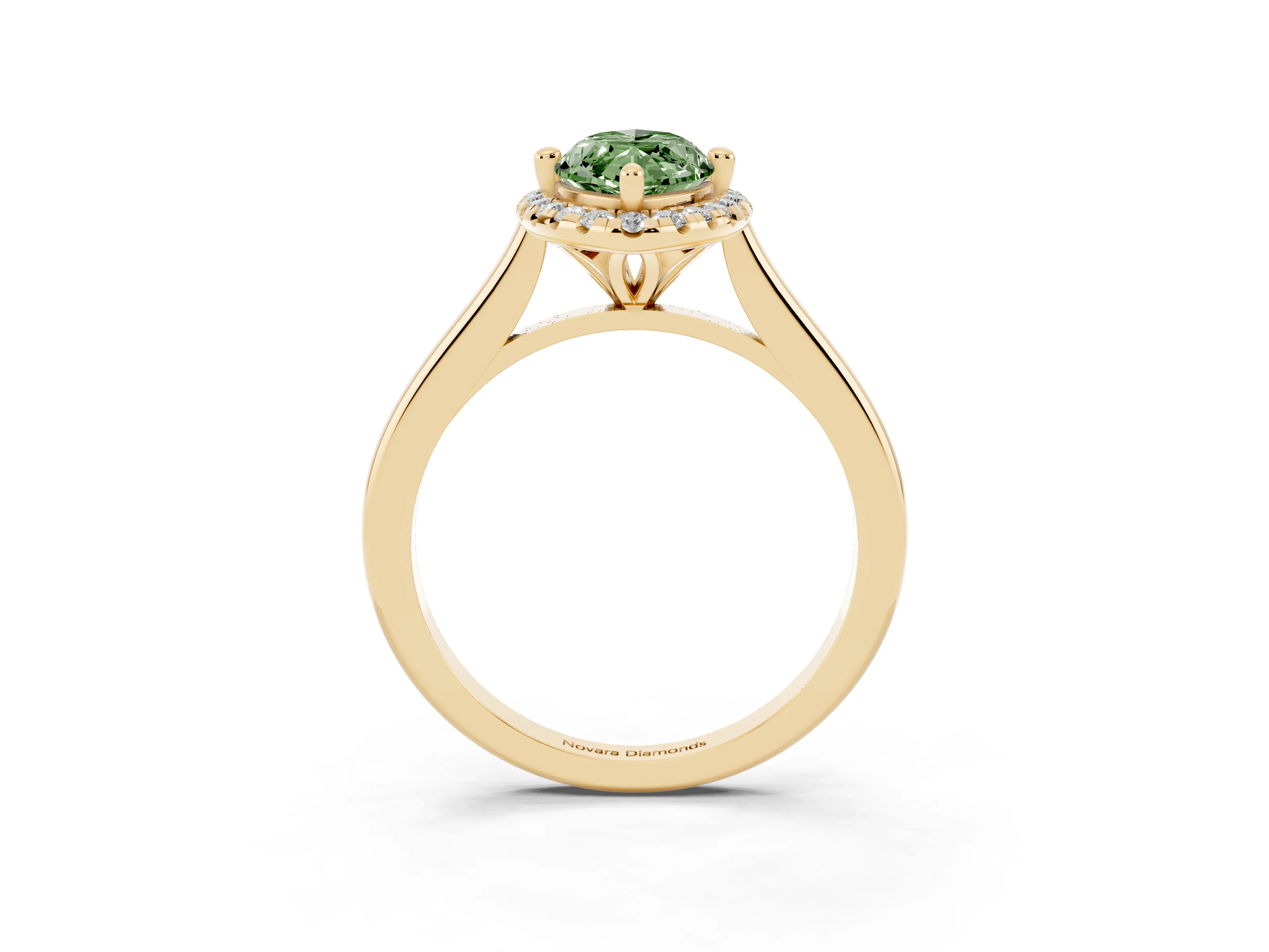 Fancy Green Marquise Cut Diamond Halo Engagement Ring Set in Yellow gold with Pavé Band and Rising Shoulders