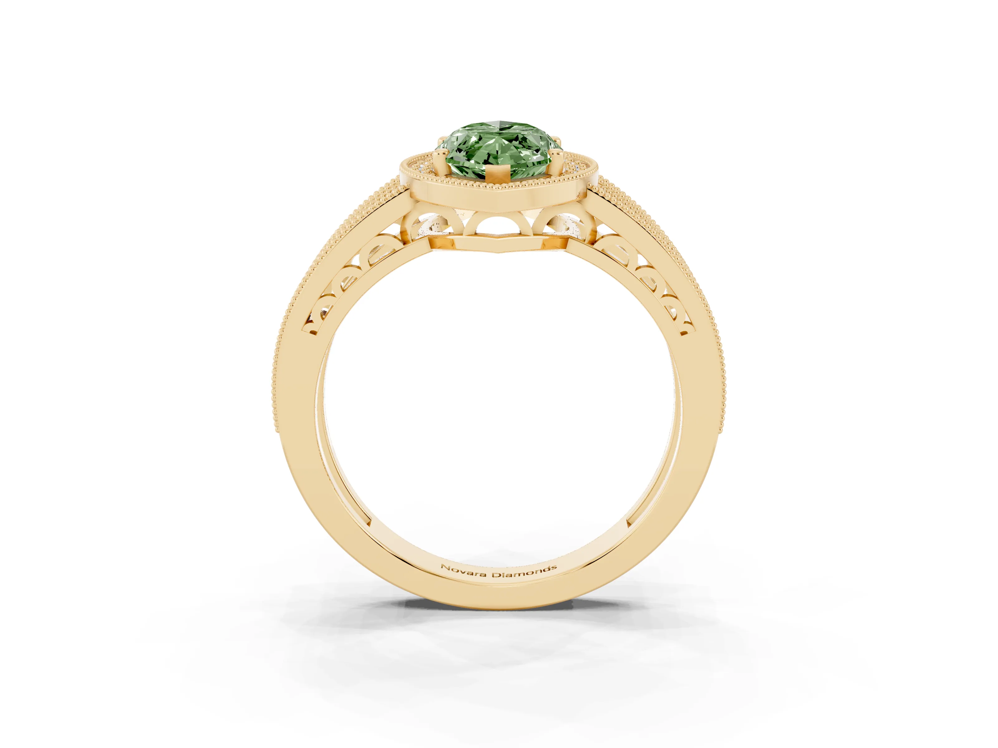 Fancy Green Marquise Cut Diamond Halo Ring Set in Yellow gold with Accent Split Shank and Prong Setting