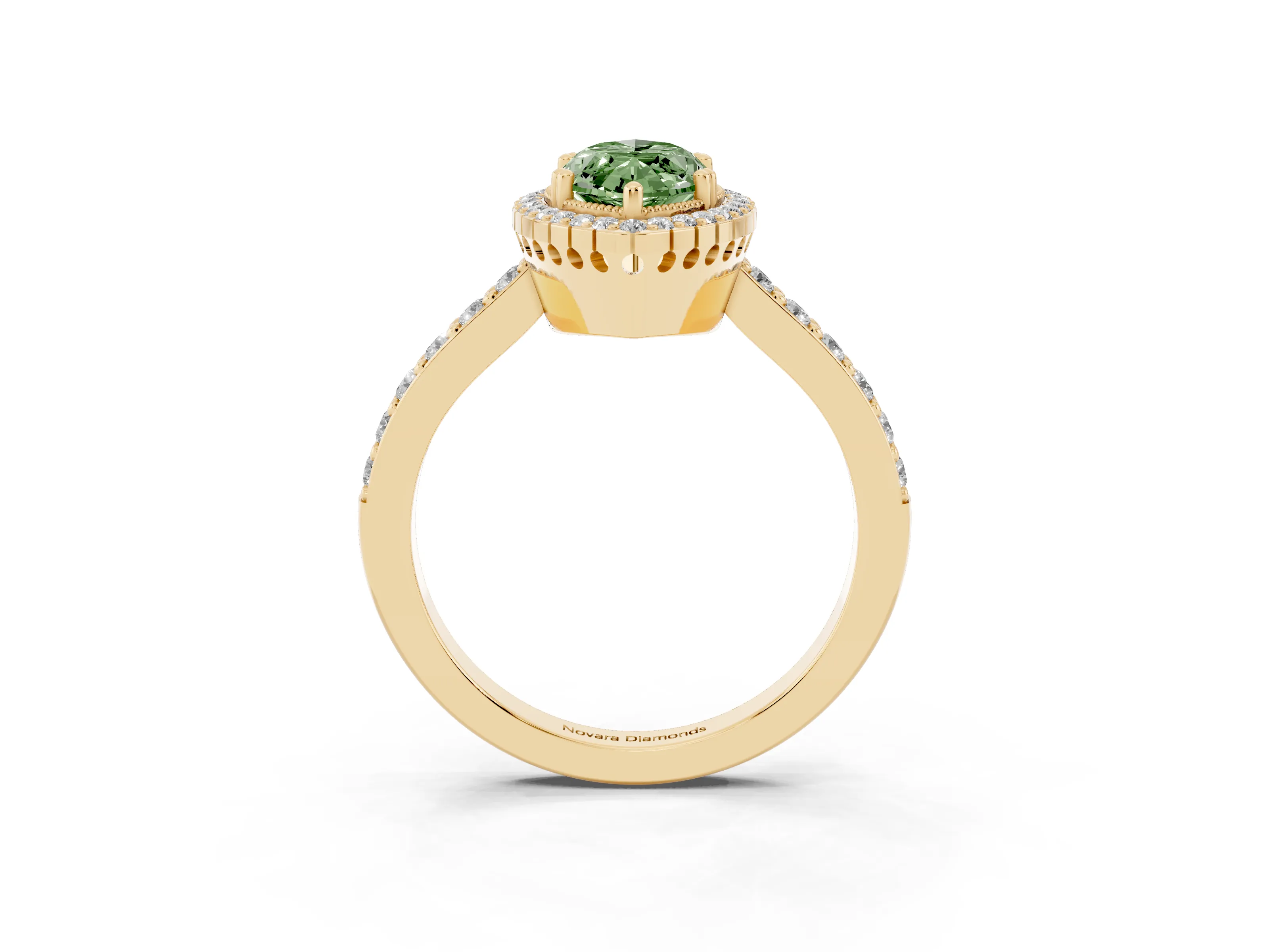 Fancy Green Marquise Cut Diamond Halo Engagement Ring Set in Yellow gold with Milgrain Detail and Pavé Band