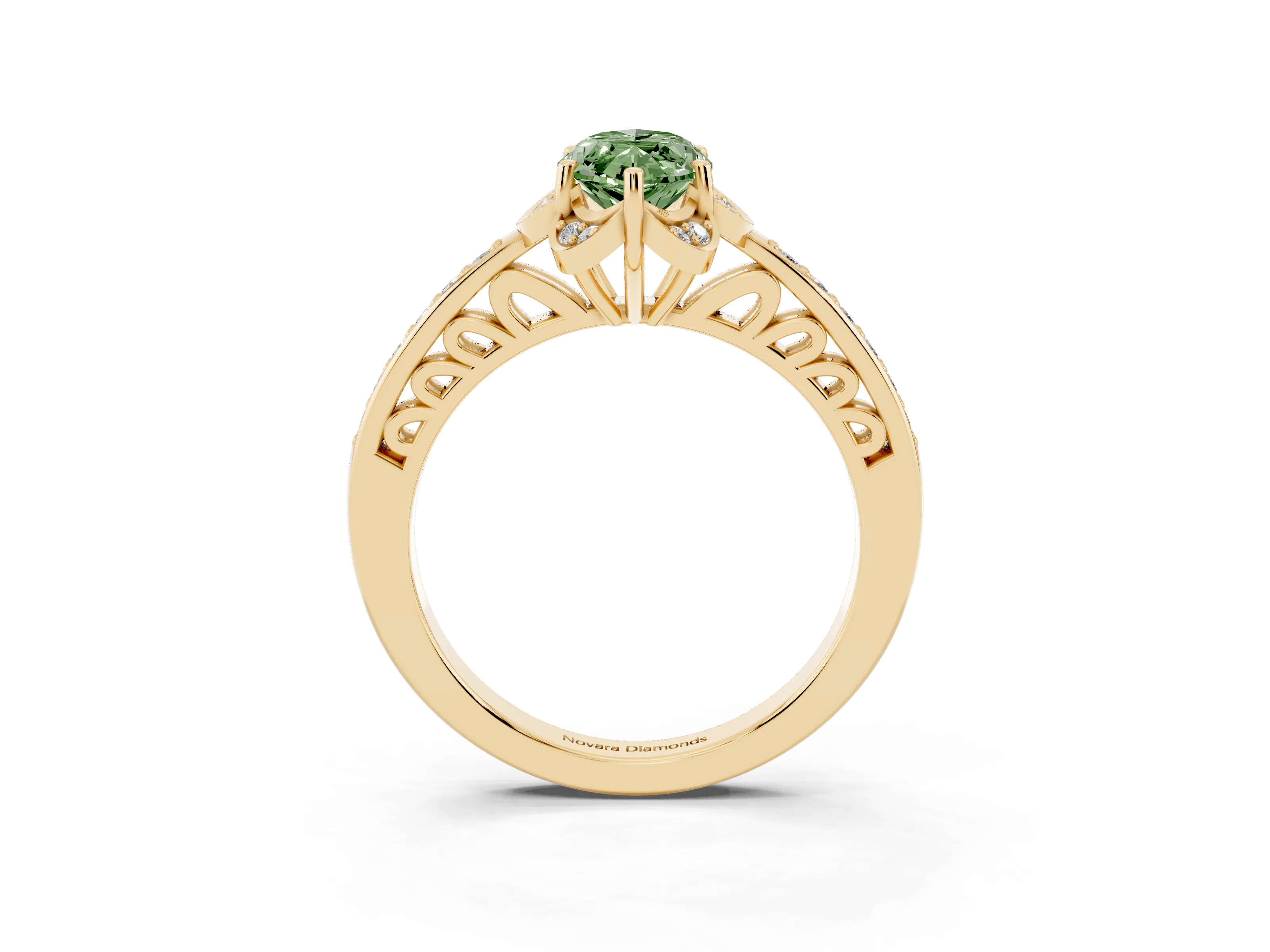 Fancy Green Marquise Cut Diamond Halo Ring Set in Yellow gold with Channel Set Band and Prong Setting