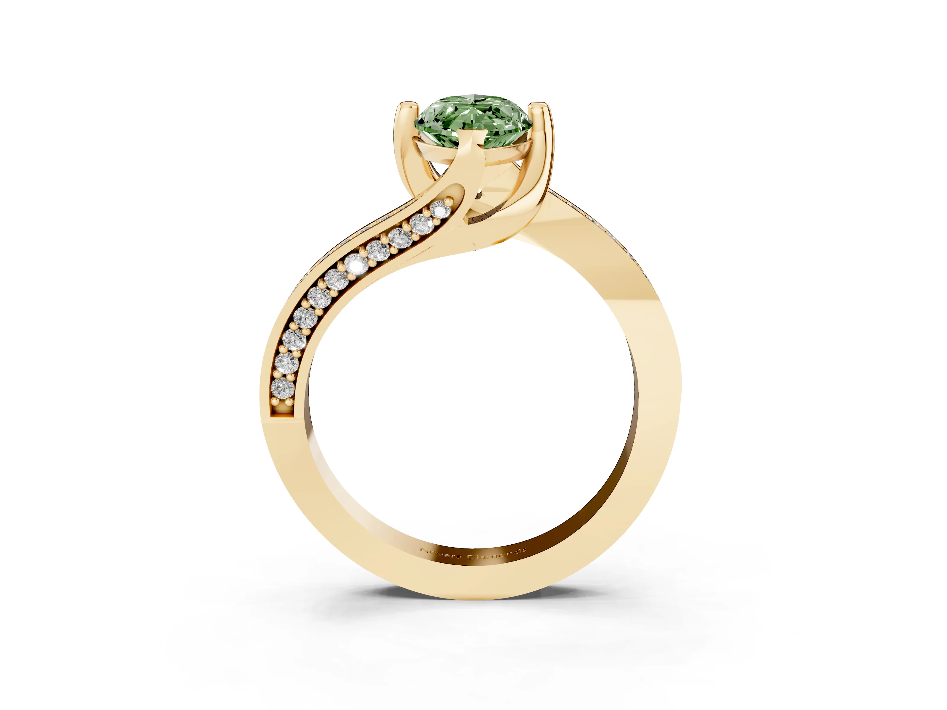 Fancy Green Marquise Cut Diamond Solitaire Ring Set in Yellow gold with Intertwined Pavé Twist Band