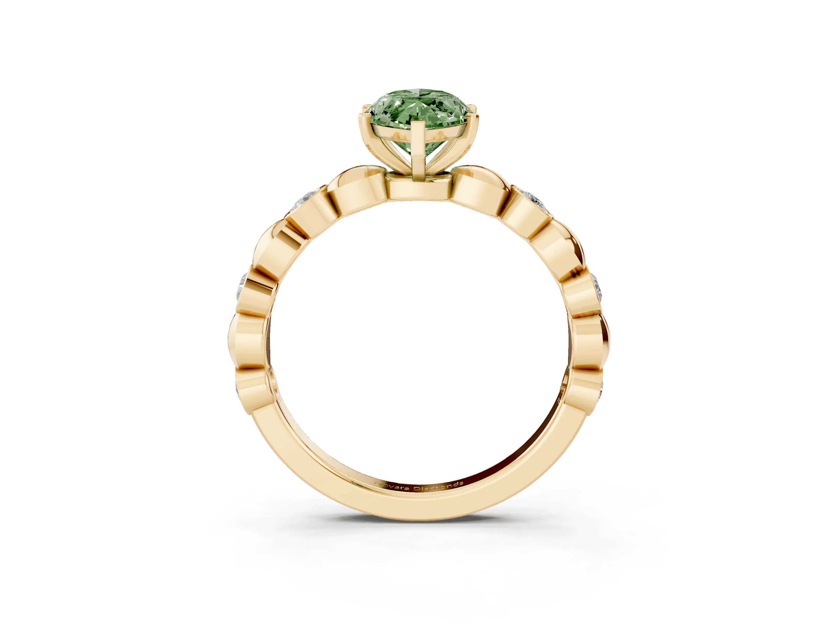 Fancy Green Marquise Cut Diamond Solitaire Ring Set in Yellow gold with Bezel-Set Accents on Beaded Band and Prong Setting