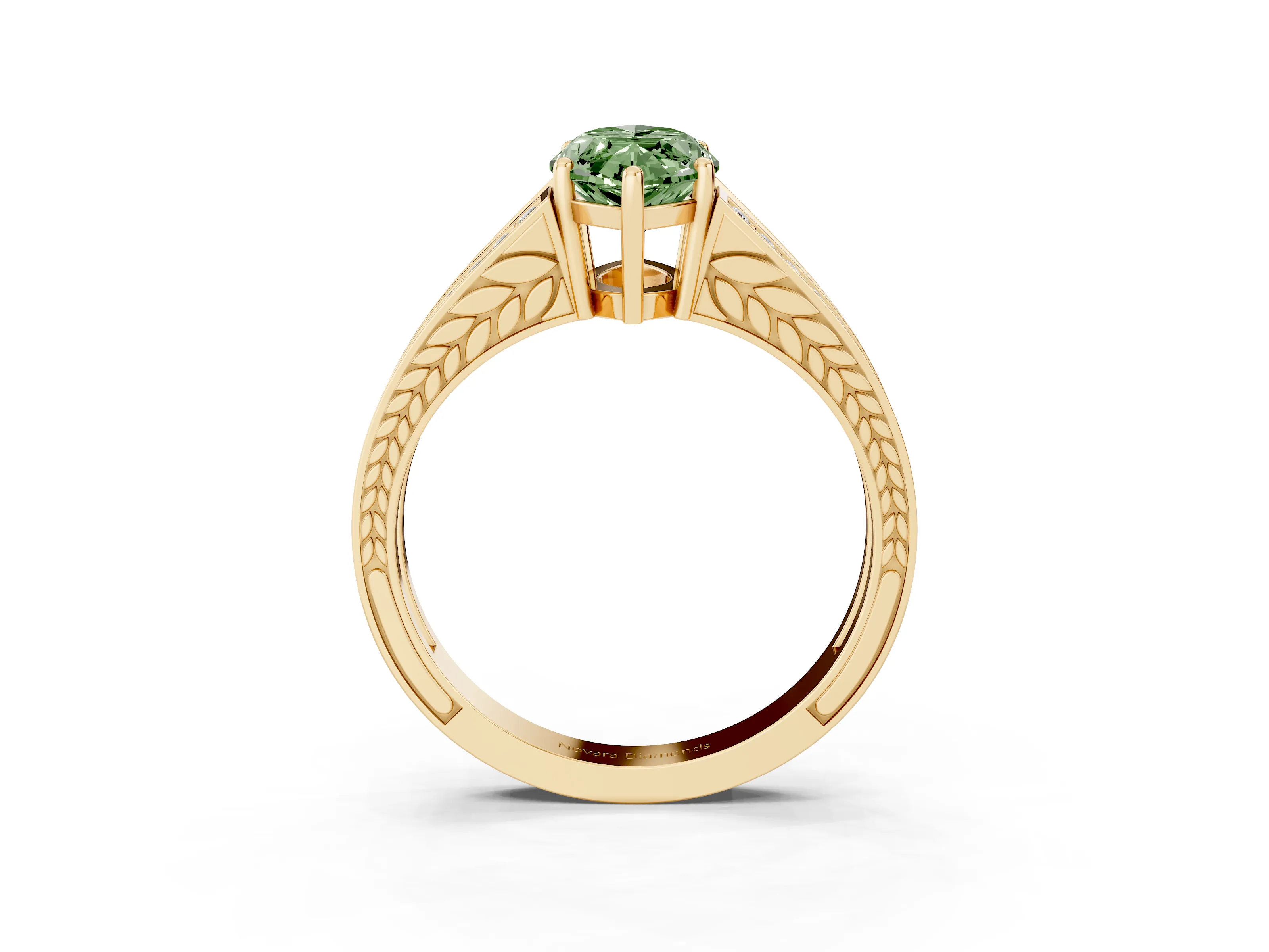 Fancy Green Marquise Cut Diamond Split Shank Ring Set in Yellow gold with Pavé Band and Prong Setting