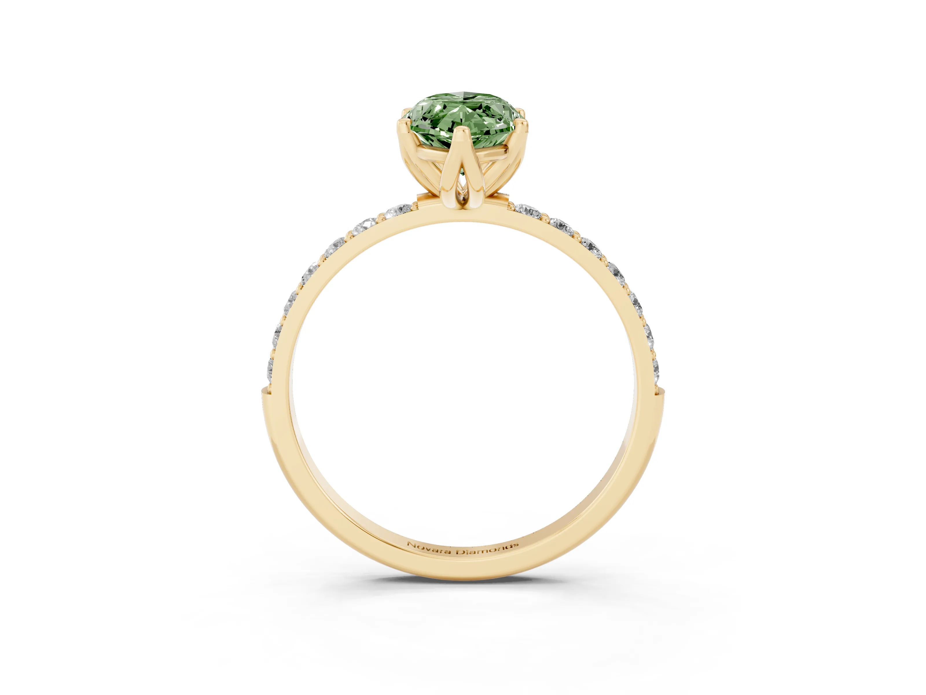 Fancy Green Marquise Cut Diamond Solitaire Engagement Ring Set in Yellow gold with Round Pavé Band and Prong Setting