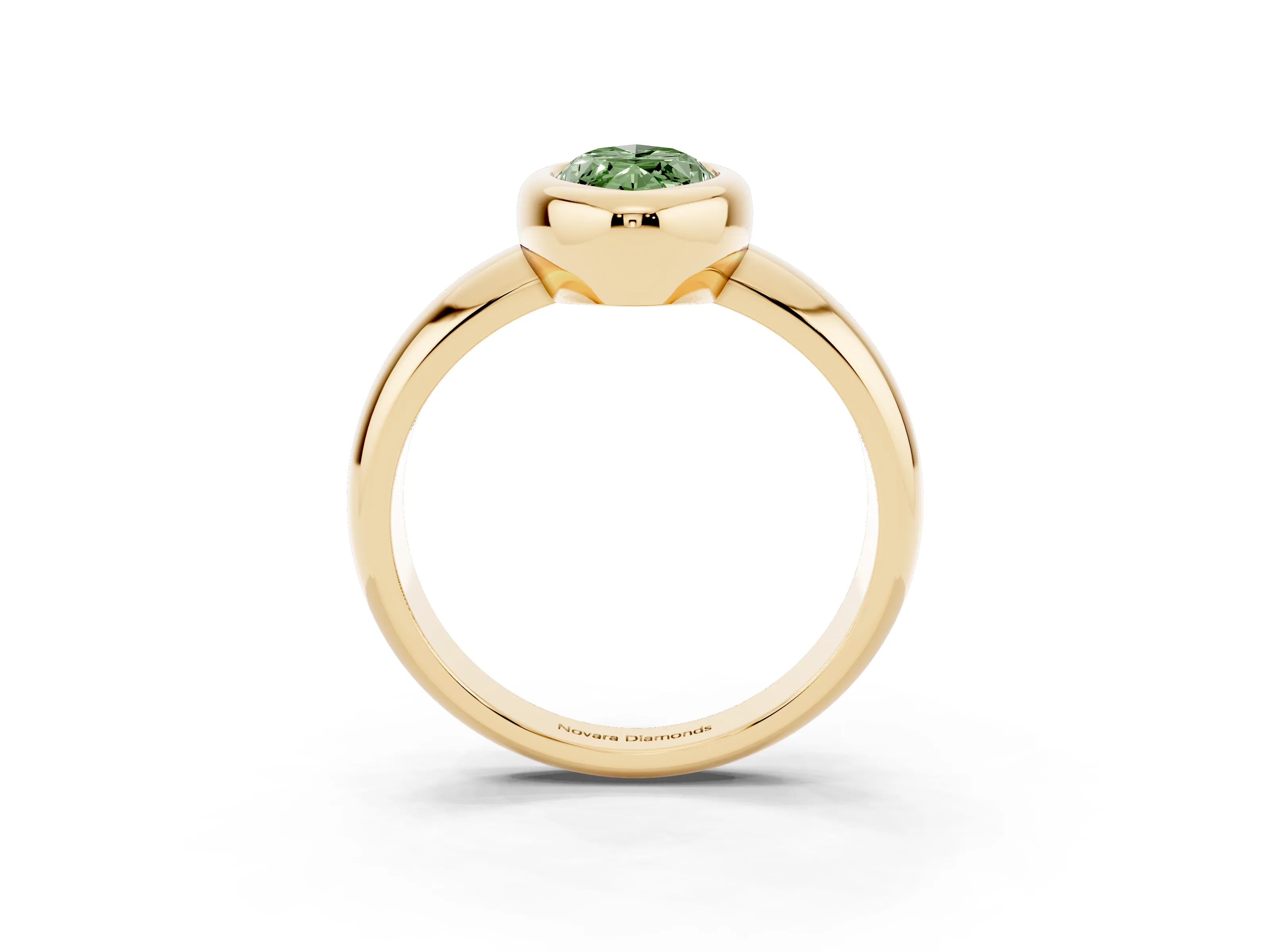 Fancy Green Bezel Set Marquise Cut Diamond Solitaire Ring Set in Yellow gold with Wide Band