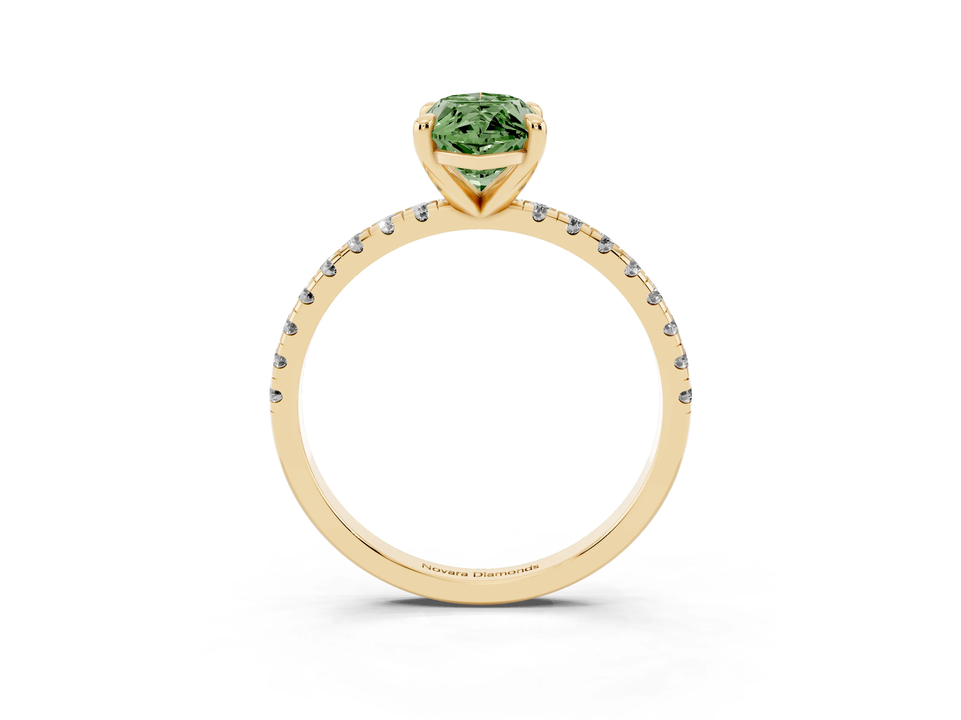 Fancy Green Marquise Cut Diamond Brilliant Solitaire Ring Set in Yellow gold with Pavé Band and Prong Setting