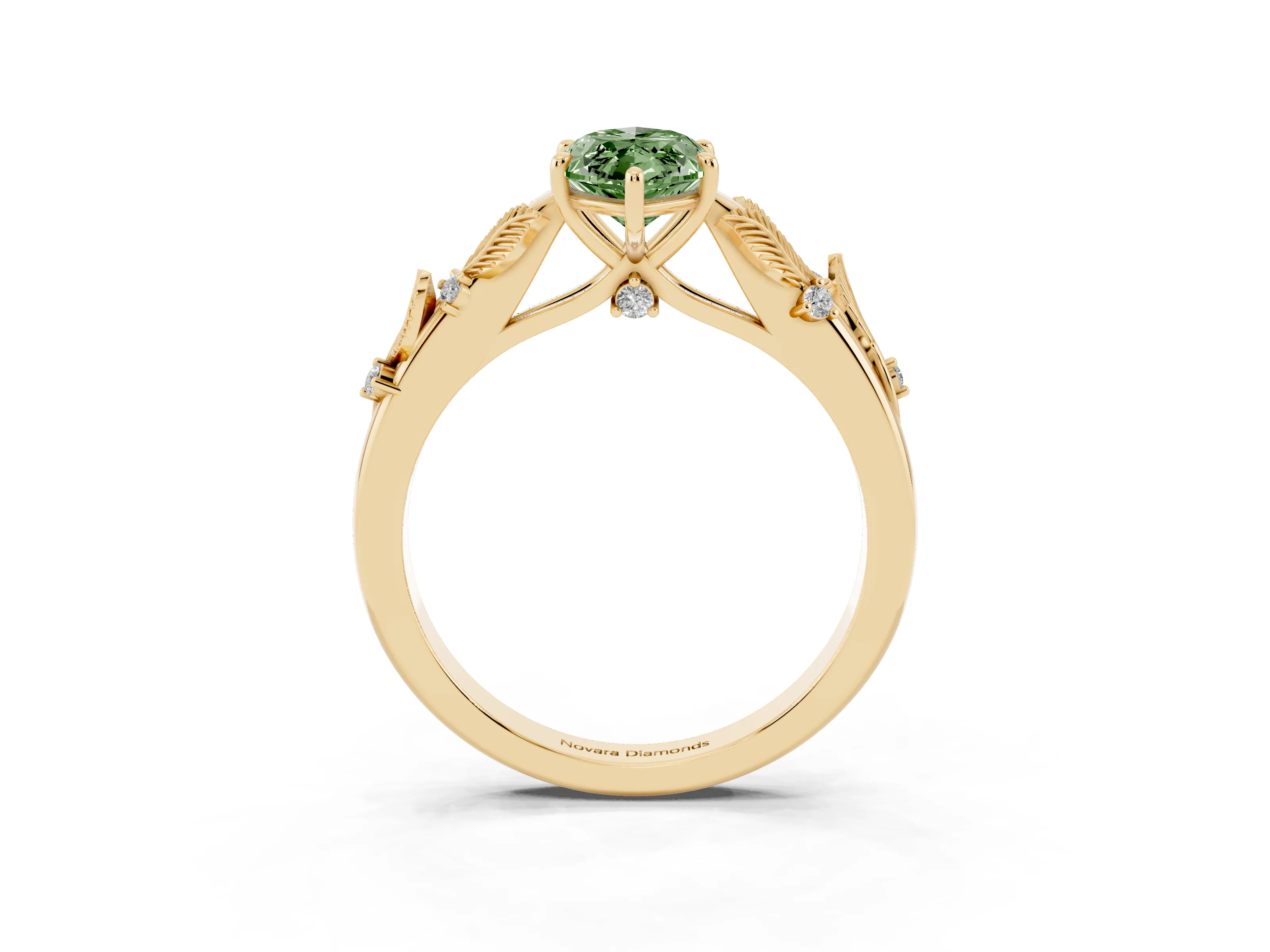 Fancy Green Marquise Cut Diamond Solitaire Ring Set in Yellow gold with Leaf Motif Band