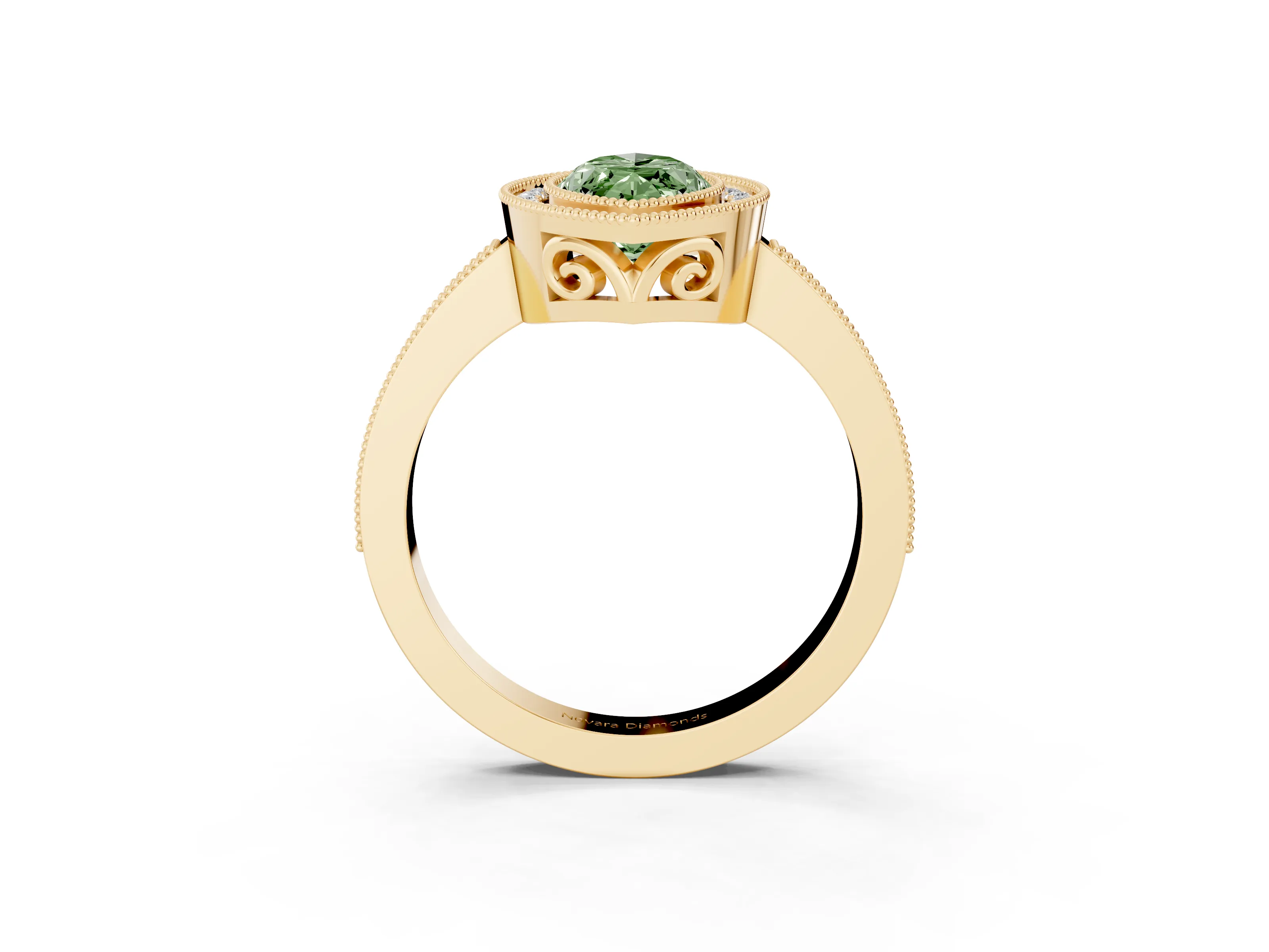 Fancy Green Marquise Cut Diamond Halo Ring Set in Yellow gold with Pavé Band and Milgrain-Edged Prongs