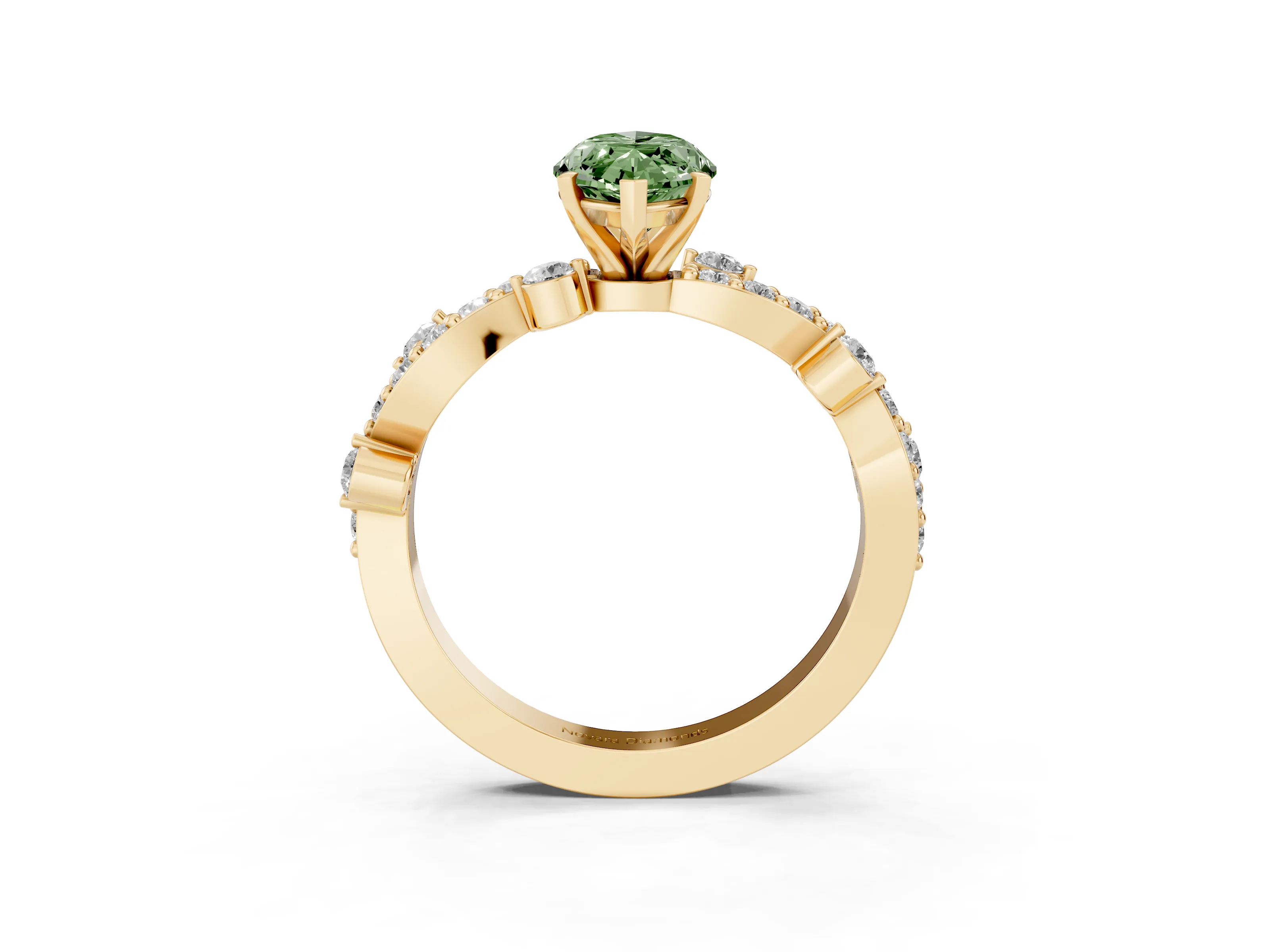 Fancy Green Marquise Cut Diamond Solitaire Twisted Band Set in Yellow gold with Pavé Setting