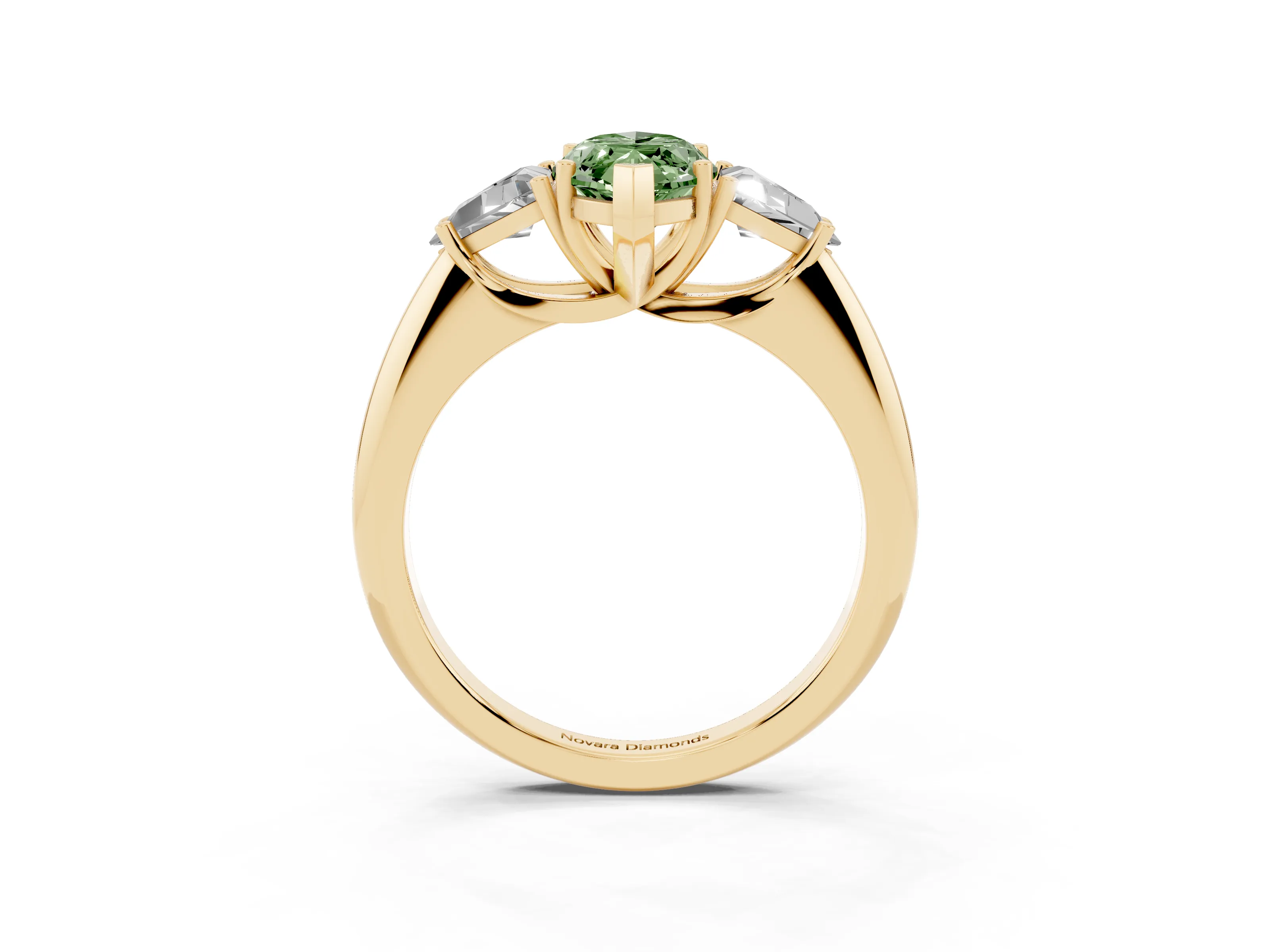 Fancy Green Marquise Cut Diamond Three-Stone Engagement Ring Set in Yellow gold with Trillion Side Stones