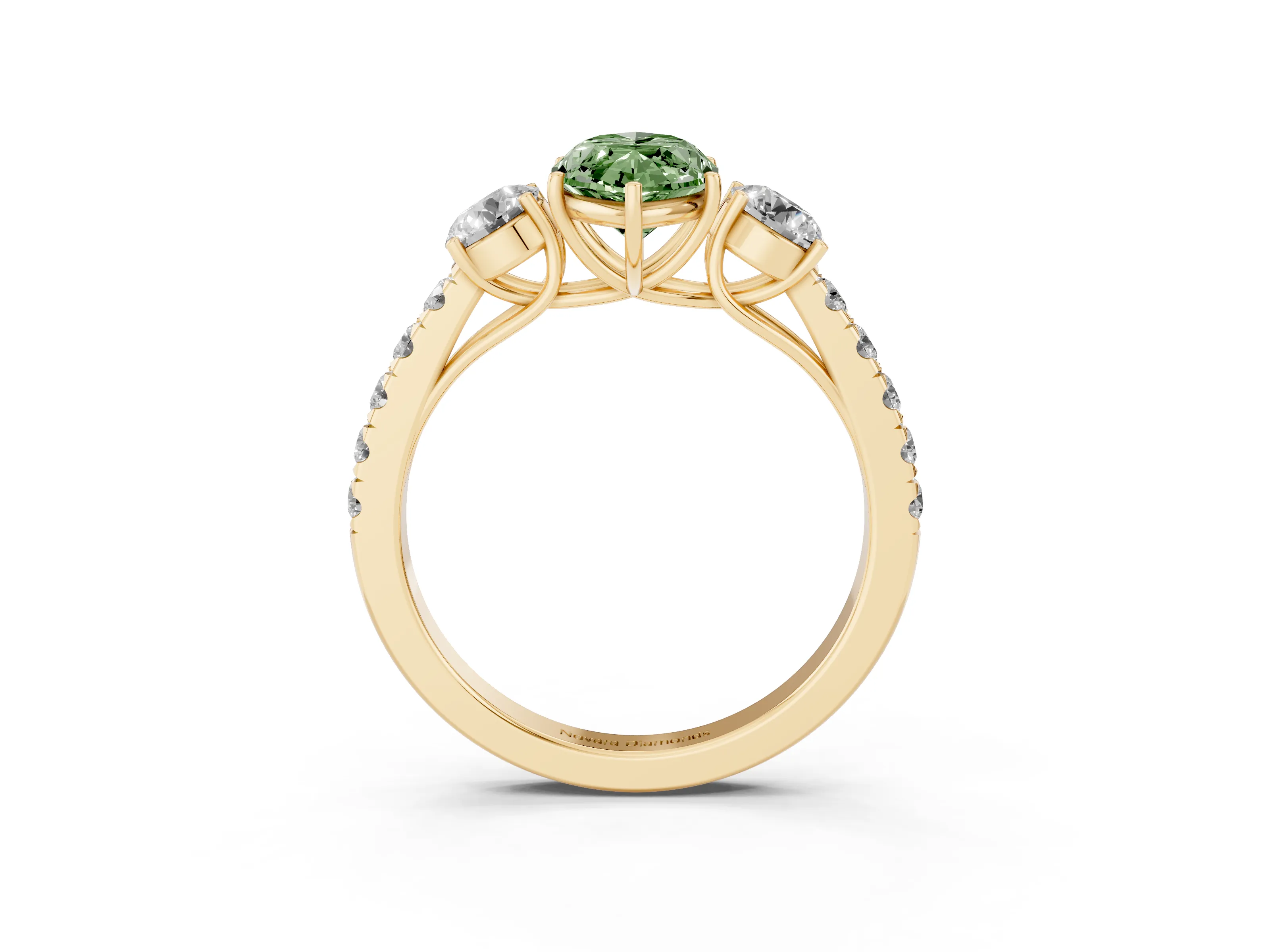 Fancy Green Marquise Cut Diamond Three-Stone Ring Set in Yellow gold with Round Side Stones and Delicate Pavé Band