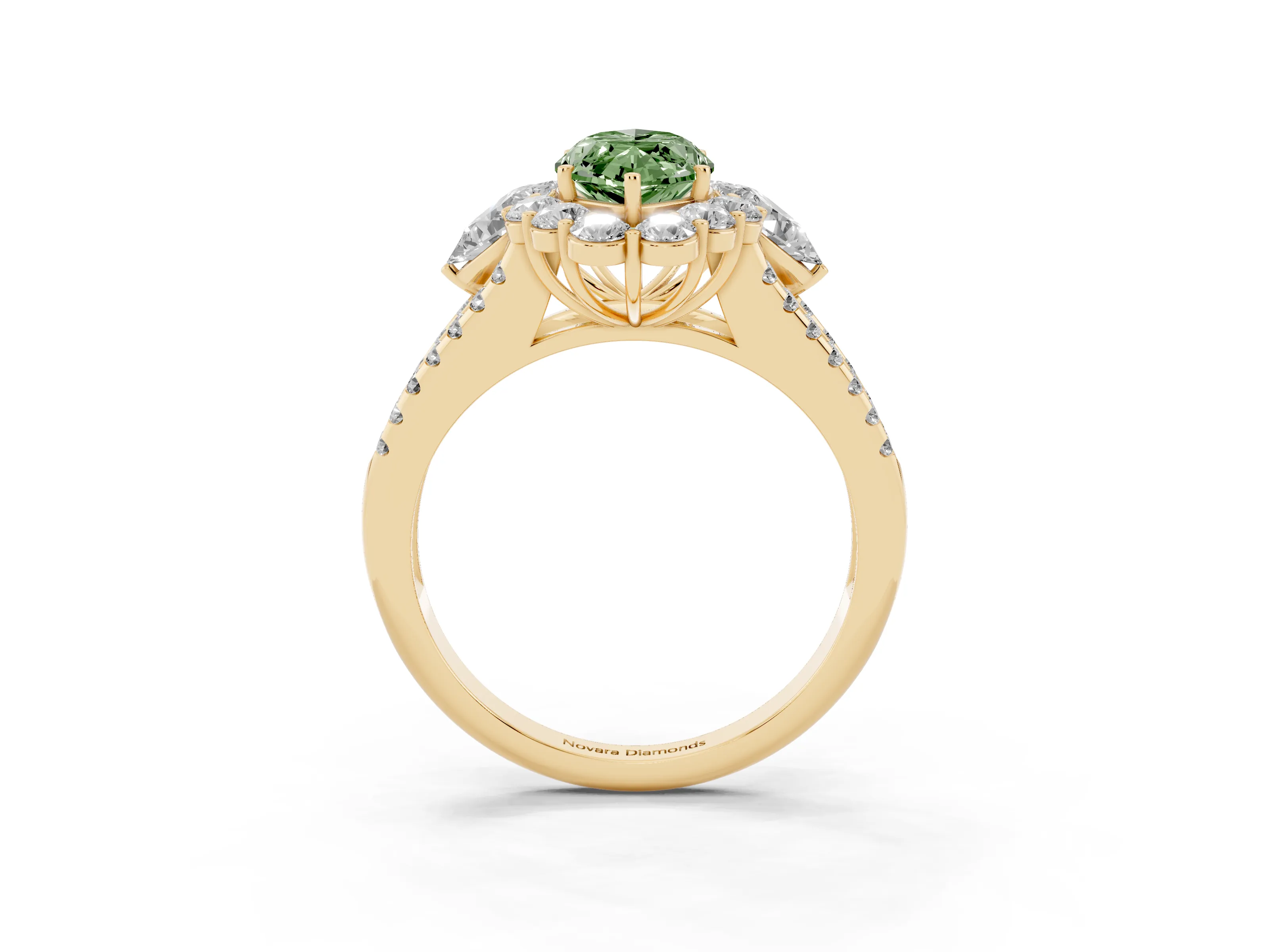 Fancy Green Marquise Cut Diamond Halo Split Shank Engagement Ring Set in Yellow gold with Prong-Held Center Stone